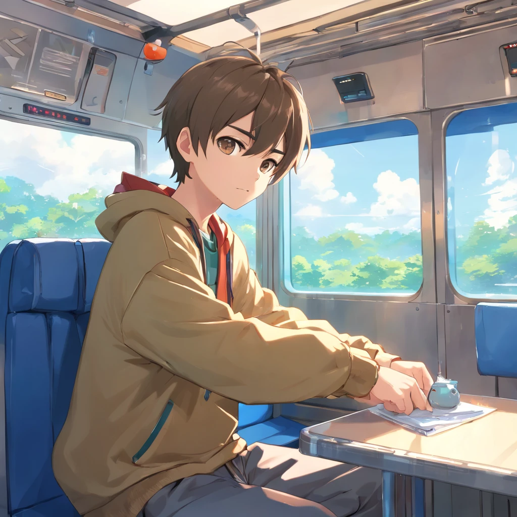gordinho com cabelos pretos e olhos azuis brilhantes brilhantes e meias pequenas usando um capuz, and oversized sweatpants sitting on the bus seat, chovendo janela externa, jovem, meninoeno, barnet, luz suave, (sweatpants:1.4), (menino:1.4),a:1.4), (jovem:1.4), (macho:1.4), (walk away:1.4), (Shy:1.4), (Foi:1.0), (cores:1.0), (cores fofas:1.0), floresta na janela, pensativo