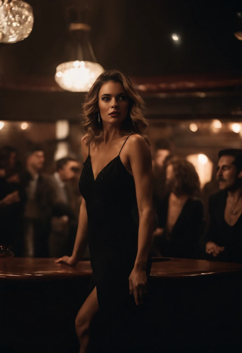 (es) , Diane Foxington is standing alone in a night club, surrounded by blurred out figures. The mood is serious, with a touch of loneliness conveyed through her expression. Her eyes are fixed on the viewer, drawing them into the scene.