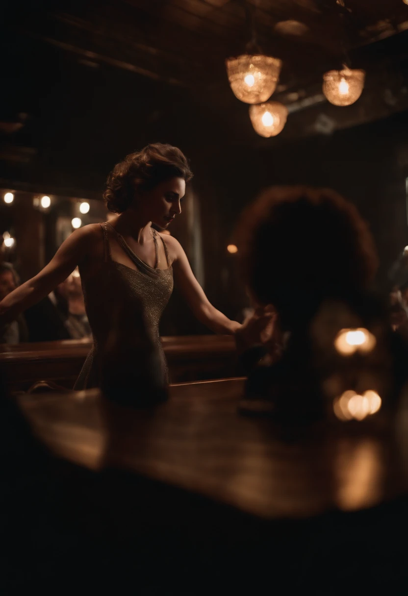 Photo of men watching an attractive woman dancing on stage in a dark, gloomy bar:1.2, usando um vestido preto colado ao corpo:1.3, ela possui cabelos pretos soltos:1.3
