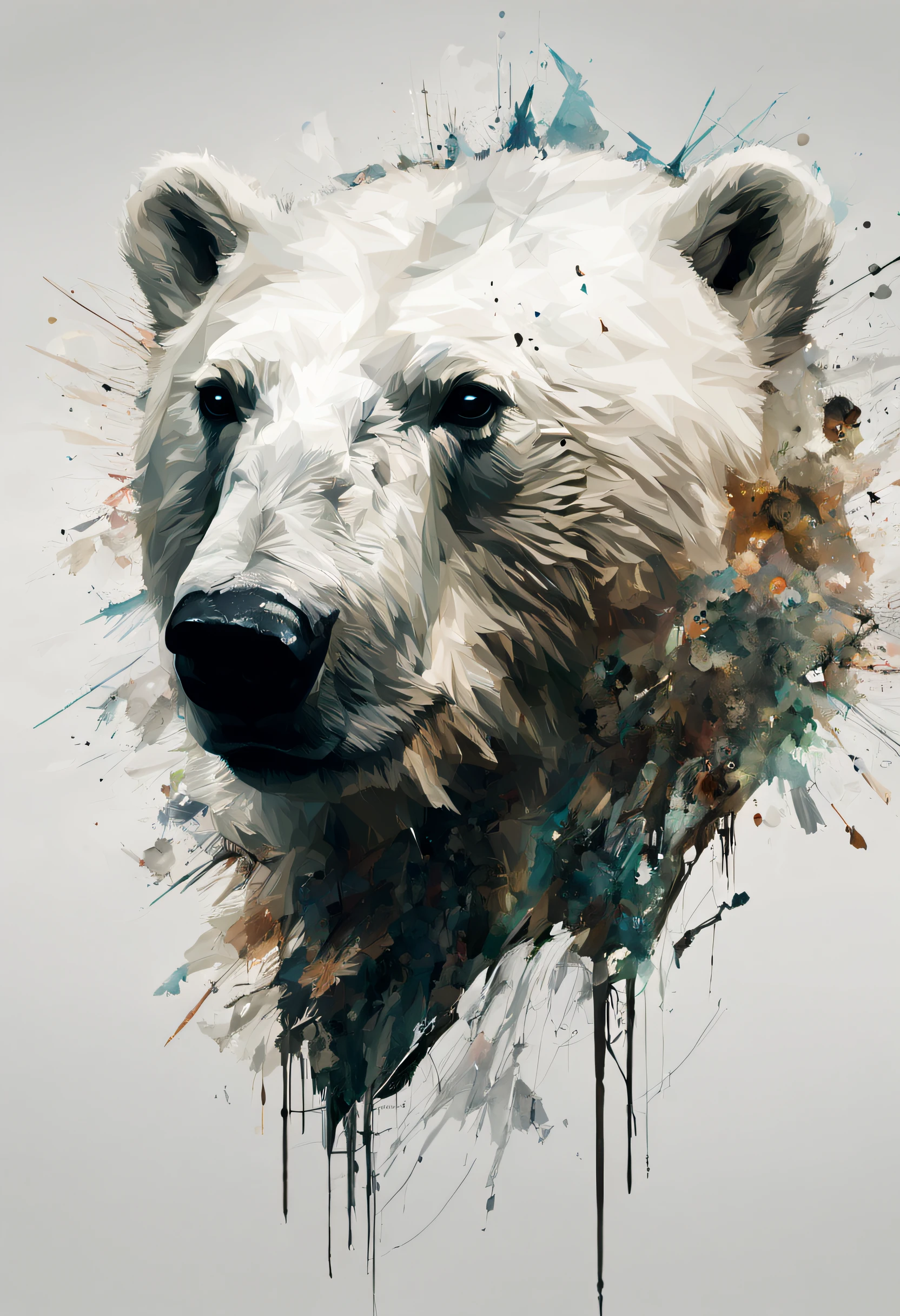 A ultra realistic poster for a Polar Bear's head by Daniel Castan :: Carne Griffiths :: Andreas Lie :: Russ Mills :: Leonid Afremov, black background, painting, cinematic, 3d render, typography