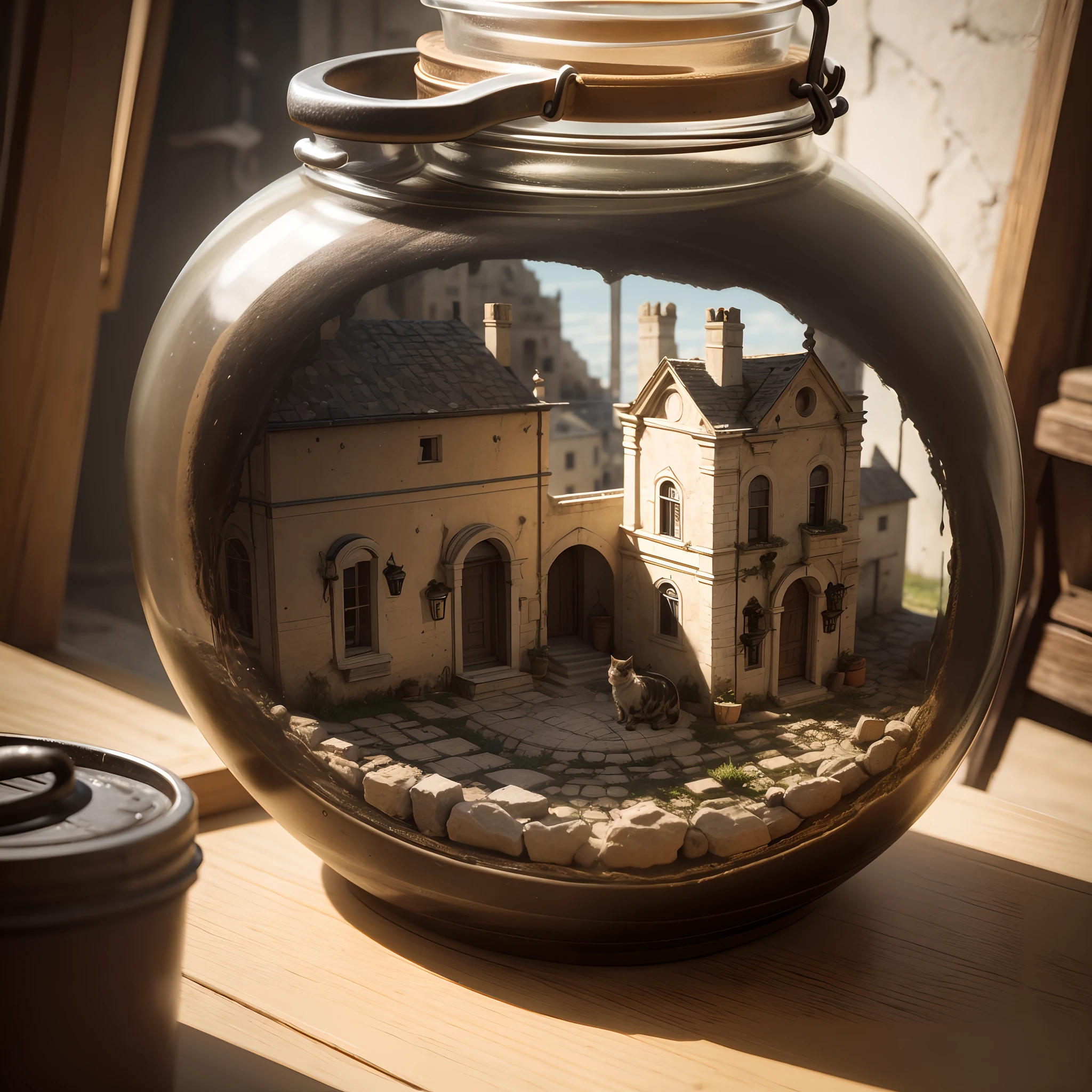 A little cat with lid contains the Sassi of Matera. The jar is placed on the windowsill. Extremely detailed, 8K, apocalyptic punk style, miniatures, macro photography in close-up.