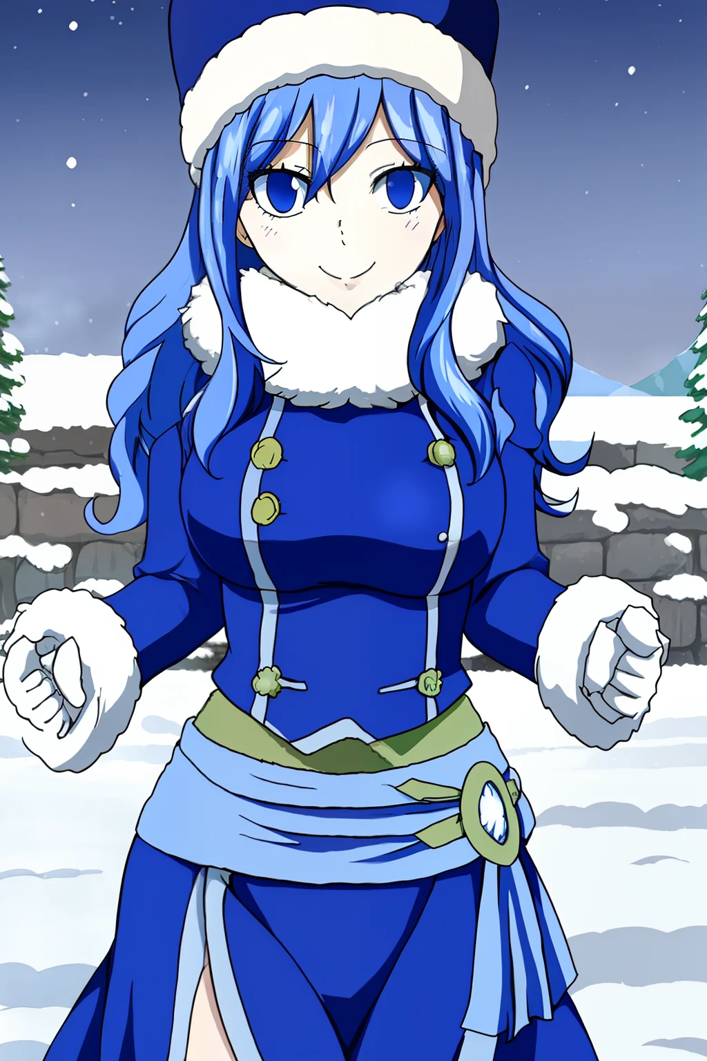 masterpiece, best quality, highly detailed, highres, hdr, 1girl, solo, (Juvia_Lockser)++ in the snow, smile, snow trees, blue eyes,  long hair, hat, happy