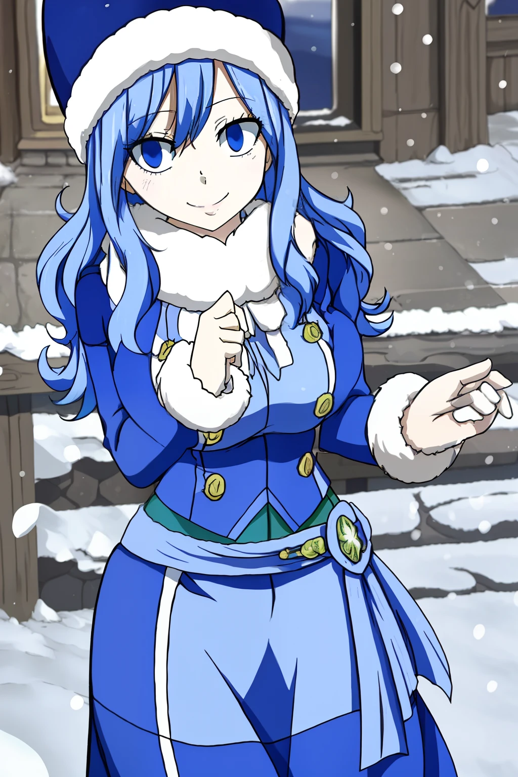 masterpiece, best quality, highly detailed, highres, hdr, 1girl, solo, (Juvia_Lockser)++ in the snow, smile, snow trees, blue eyes,  long hair, hat, happy