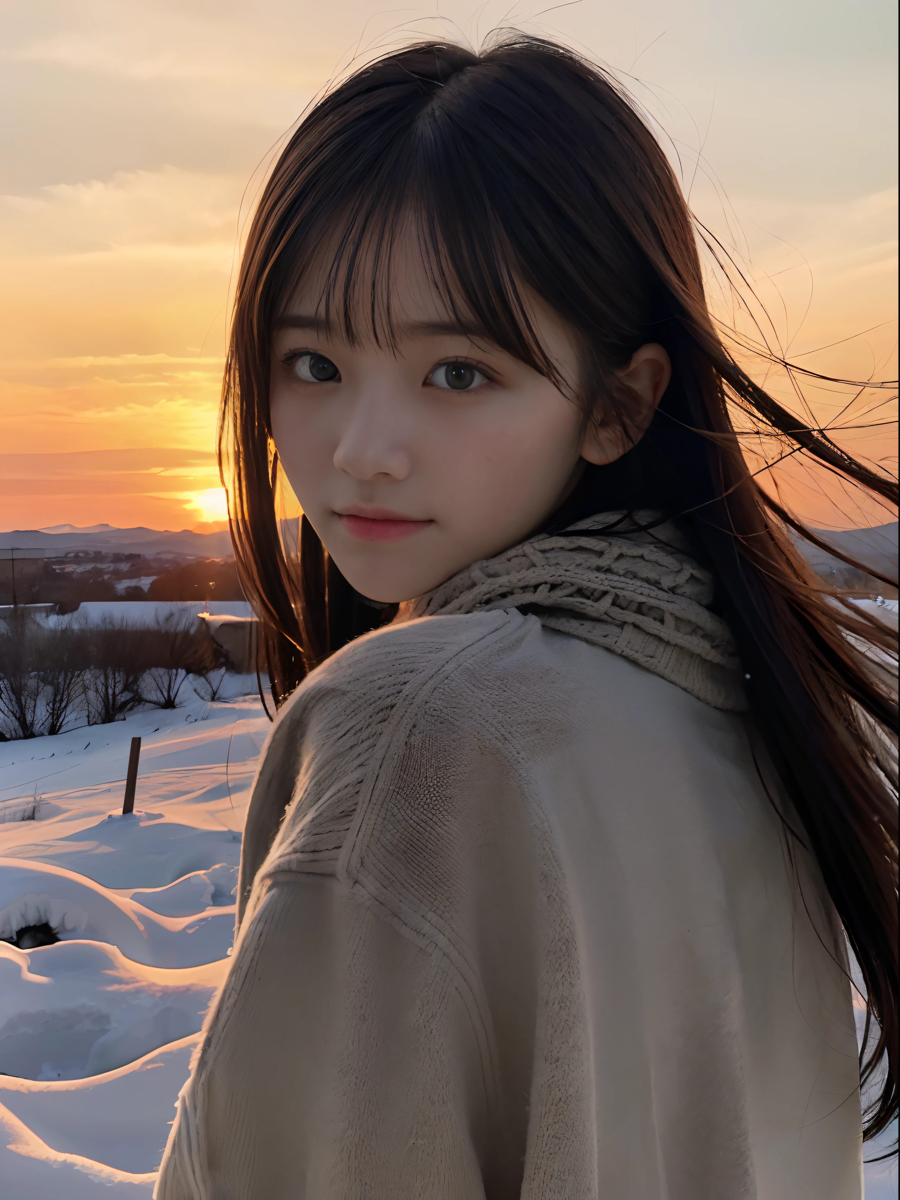 (Close up portrait of slender girl with long hair with dull bangs in winter uniform with winter coat and scarf :1.5)、(The girl looks back with a sad face:1.5)、(Girl's hair fluttering in the wind:1.5)、(Big sunset red sky covered with beautiful snow:1.5)、(Perfect Anatomy:1.3)、(No mask:1.3)、(complete fingers:1.3)、Photorealistic、Photography、masutepiece、top-quality、High resolution, delicate and pretty、face perfect、Beautiful detailed eyes、Fair skin、Real Human Skin、pores、((thin legs))、(Dark hair)