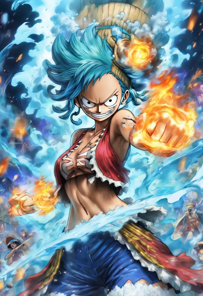 Mulher de pele azul com manto de arraia saindo das costas, roupas de aventureira e tridente, personagem One Piece