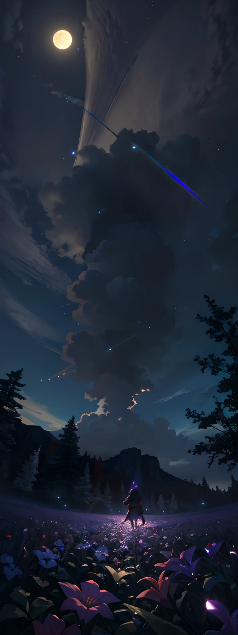 Vast landscape photo, (viewed from below, the sky is above and the open field is below), a girl standing on a flower field looking up, (full moon: 1.2), (meteor: 0.9), (nebula: 1.3), distant mountains , Trees BREAK Crafting Art, (Warm Light: 1.2), (Fireflies: 1.2), Lights, Lots of Purple and Orange, Intricate Details, Volumetric Lighting, Realism BREAK (Masterpiece: 1.2), (Best Quality), 4k, Ultra-Detailed, (Dynamic Composition: 1.4), Very Detailed, Colorful Details, (Rainbow Colors: 1.2), (Glow Lighting, Atmospheric Lighting), Dreamy, Magical, (Solo: 1.2)