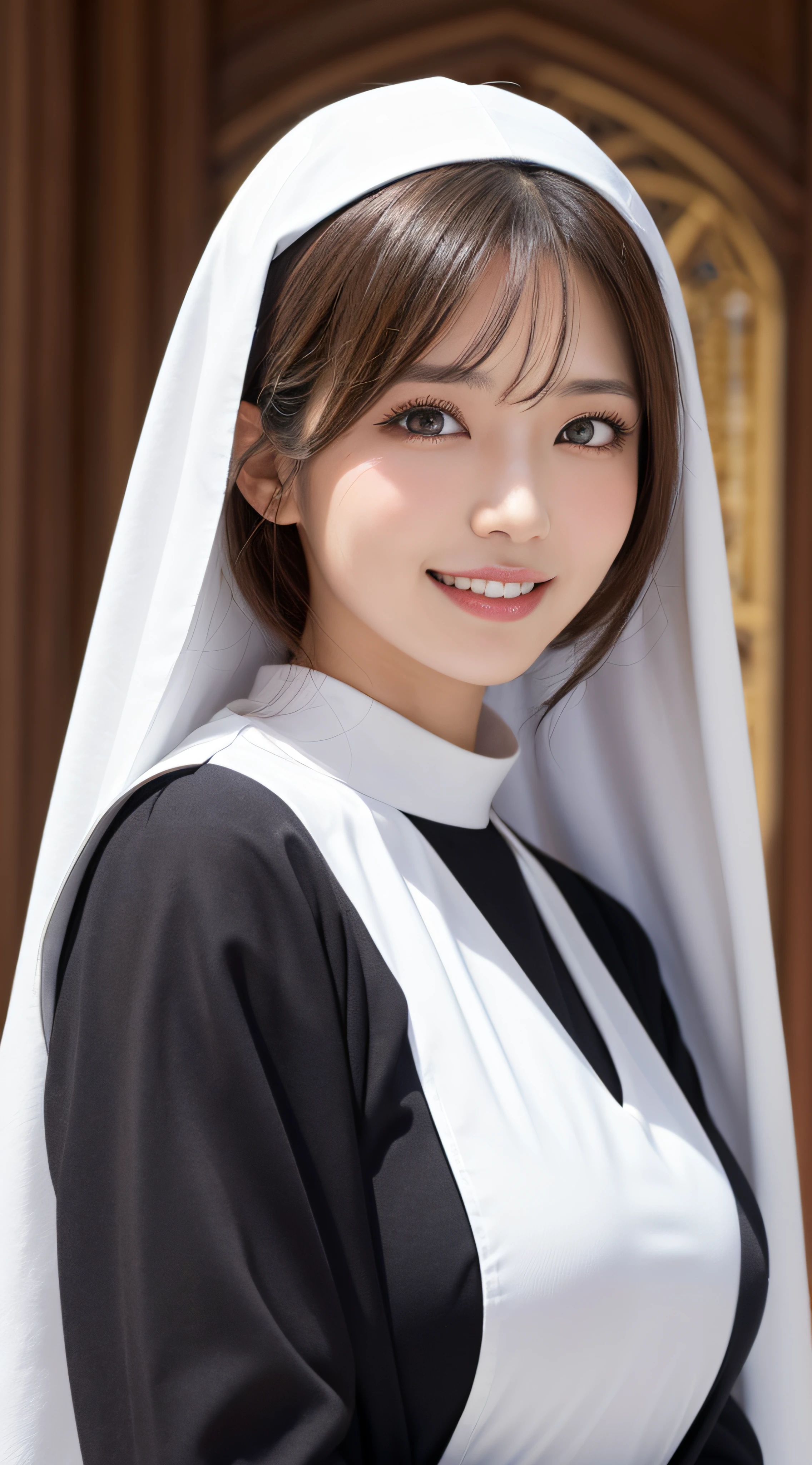 (Masutepiece), Best Quality, Photorealsitic, finely detail, hight resolution, 8K Wallpapers, Perfect dynamic composition, Beautiful detailed eyes, Medium Hair, large full breasts, (Nun with cross and rosary in hand in cathedral), (Veiled nun), (Breast bulge 1.2), A smile, open mouth、25-years old, (Drooping eyes 1.4), Adult beauty, Japanese.
