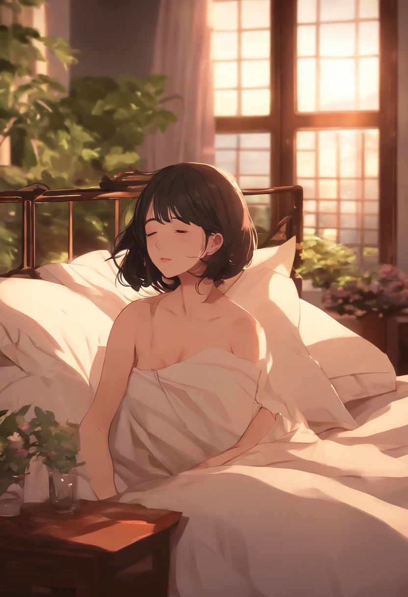 masutepiece, High resolution, Illustration, Kyoto Animation Style, Your Name is Movie Style, Night, Midnight, light, (1 woman: 1.3), (Solo: 1.4), long eyelashes, a short bob, nose blush, futon bedding, Lying down, Naked, Face Close-up, hiding chest with hands, hidden by hand,