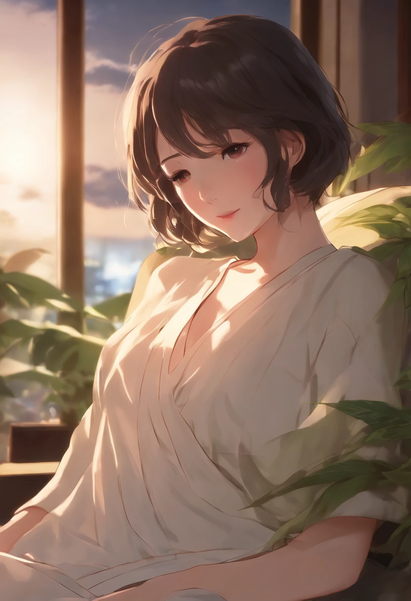 masutepiece, High resolution, Illustration, Kyoto Animation Style, Your Name is Movie Style, Night, Midnight, light, (1 woman: 1.3), (Solo: 1.4), long eyelashes, a short bob, nose blush, futon bedding, Lying down, Naked, Face Close-up, hiding chest with hands, hidden by hand,