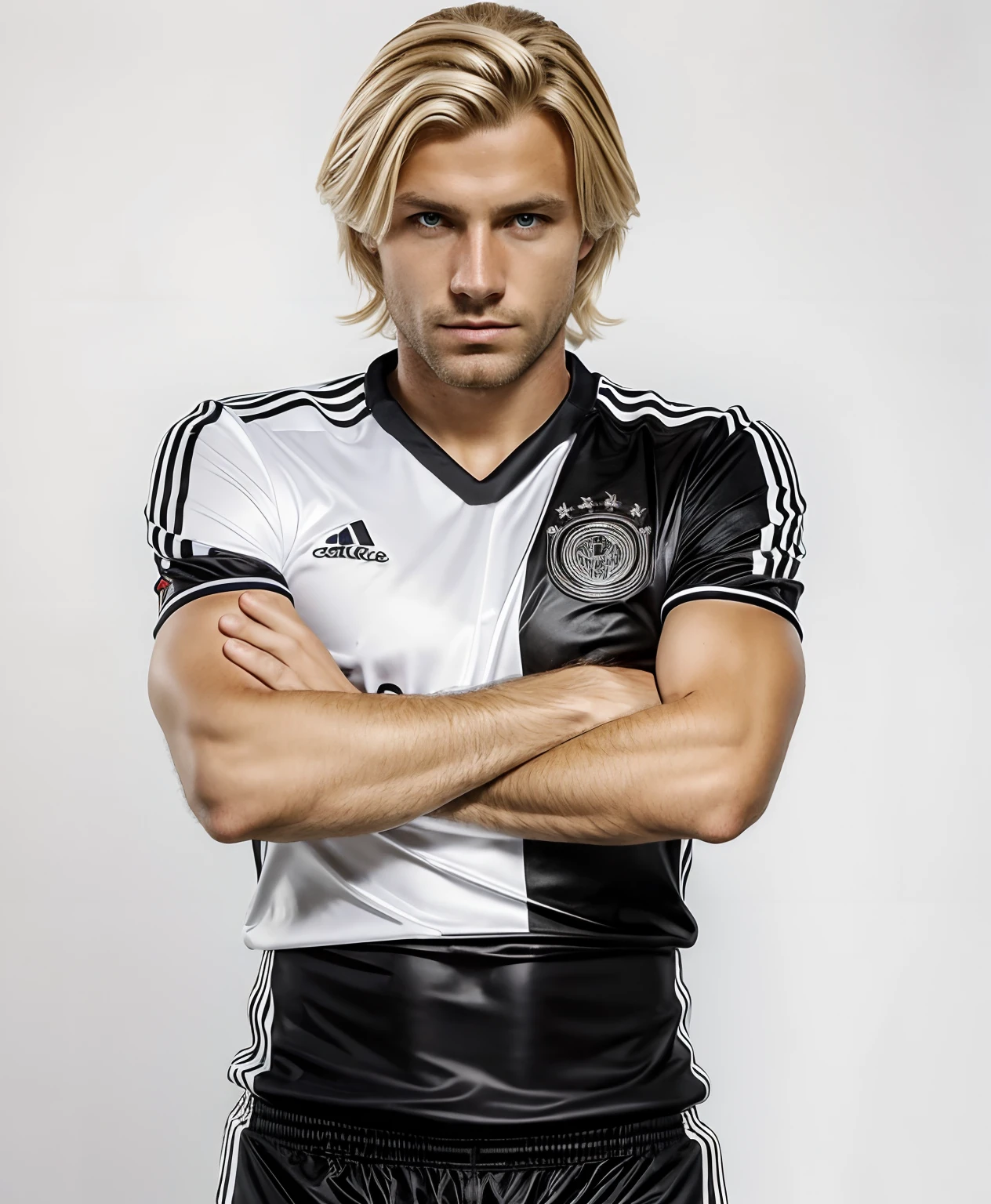 Man from Germany, blonde tousled hair, German official soccer kit, confident look on the face