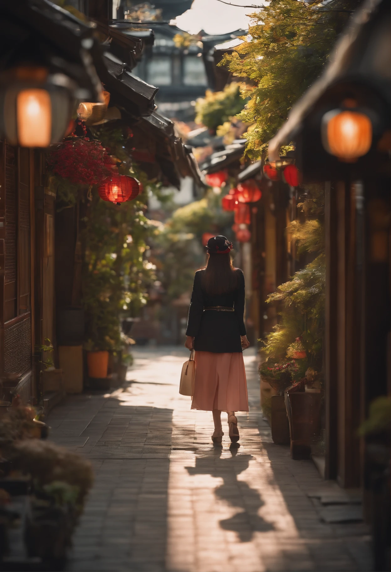 A Japanese Lady 20yr old kawaii Rear view cafes short-cut 小柄 with light glowing