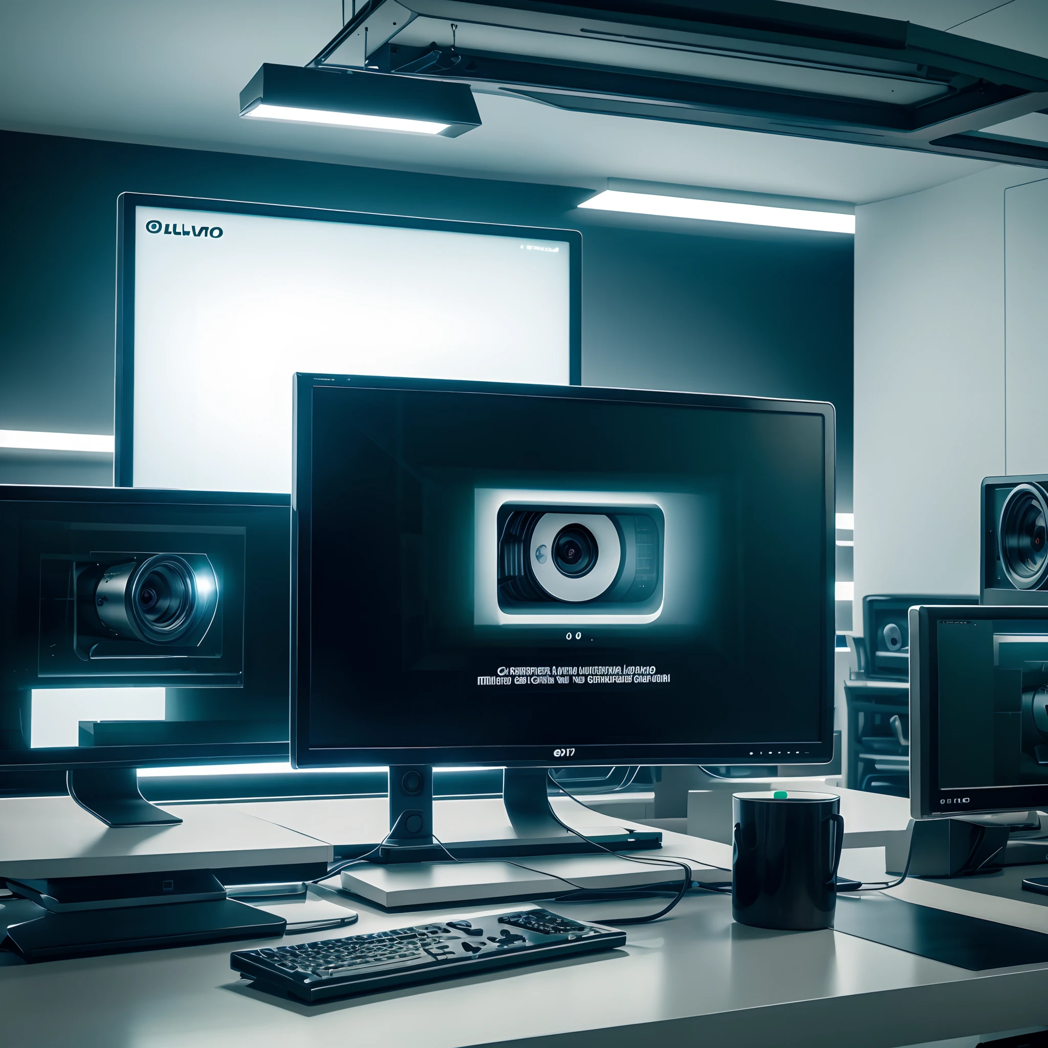 Android sitting at a desk with multiple monitors and a keyboard, monitor, muitos monitores, Monitores, imagem da tela do pc, security footage, muitas telas de computador, muitas telas, security cam footage, telas de computador, Imagens de CFTV, sentado em um centro de controle, olhando para o monitor, cctv camera footage, monitores de computador, pessoas assistindo ao redor, Telas de computador enormes, realista.