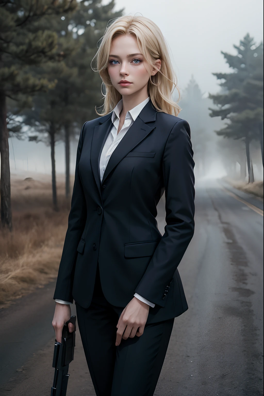 A beautiful woman stands with a gun on a foggy country road. He has blond hair and blue eyes, and wears a black business suit. 8K image quality. A masterpiece.