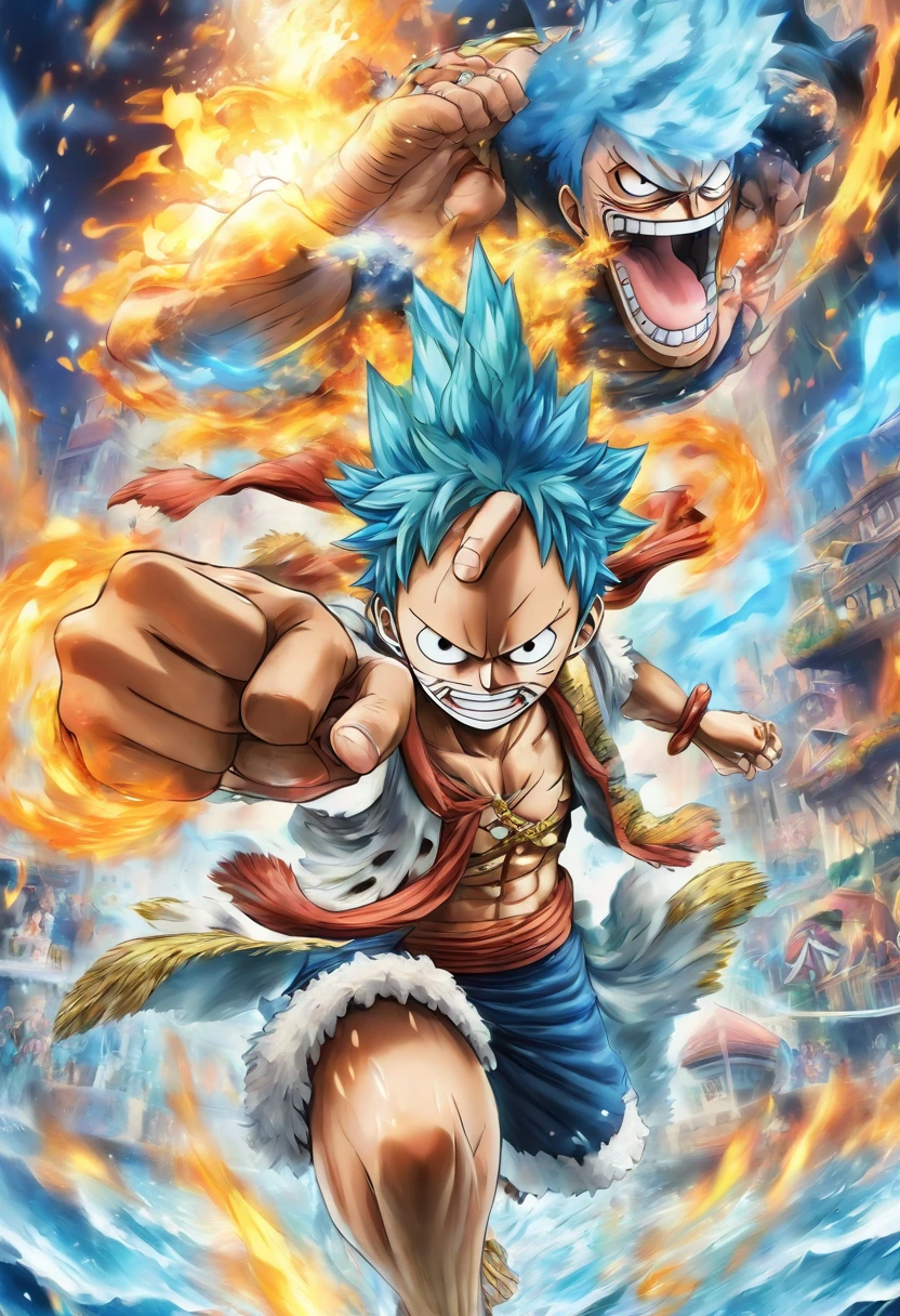 Mulher de pele azul clara com manto de arraia saindo das costas, roupas de aventureira e tridente, personagem One Piece