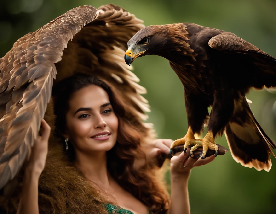 Close-up de uma (((bela linda e jovem mulher))), com uma (((giant eagle))), (((ao seu lado com as asas abertas, giving protection))) , (((a linda e jovem mulher com seus lindos cabelos olhos verdes e um lindo vestido cabelos prateados))), melhor qualidade, primitivo, a noite, (((Super-detailed, high-precision details))), (((The image is clear and sharp)))