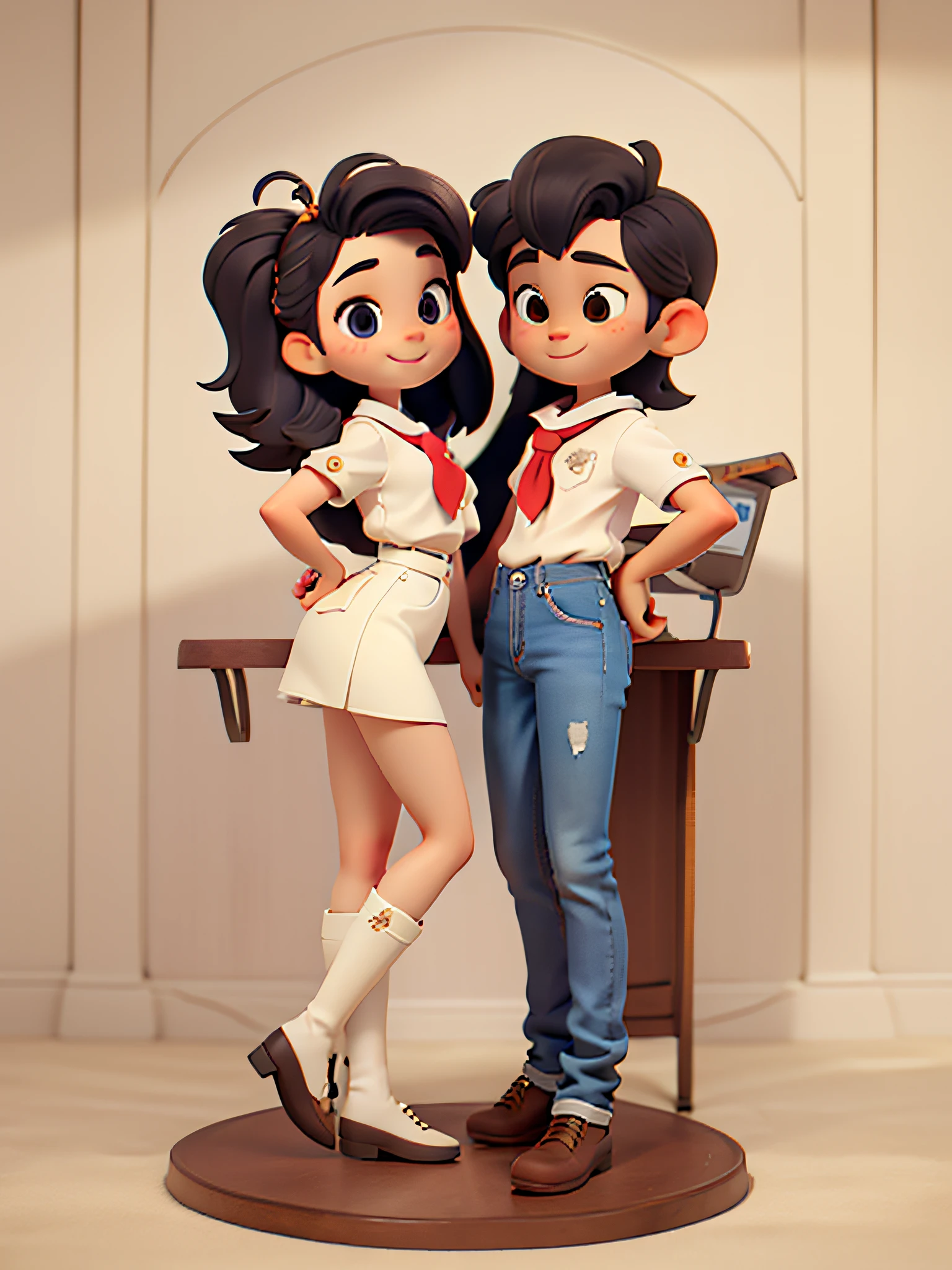 There are two people in total, One boy and one girl, elementary student,red neckchief,Boys wearing jeans and short white sleeves,The girl wears a short white skirt with short white sleeves,Lively, Frontal view, full bodyesbian, Cartoon IP, Warm and cheerful, Kind and lovely, Clean background, pop mart,Bubble Mart,with an antique feel,ellegance
