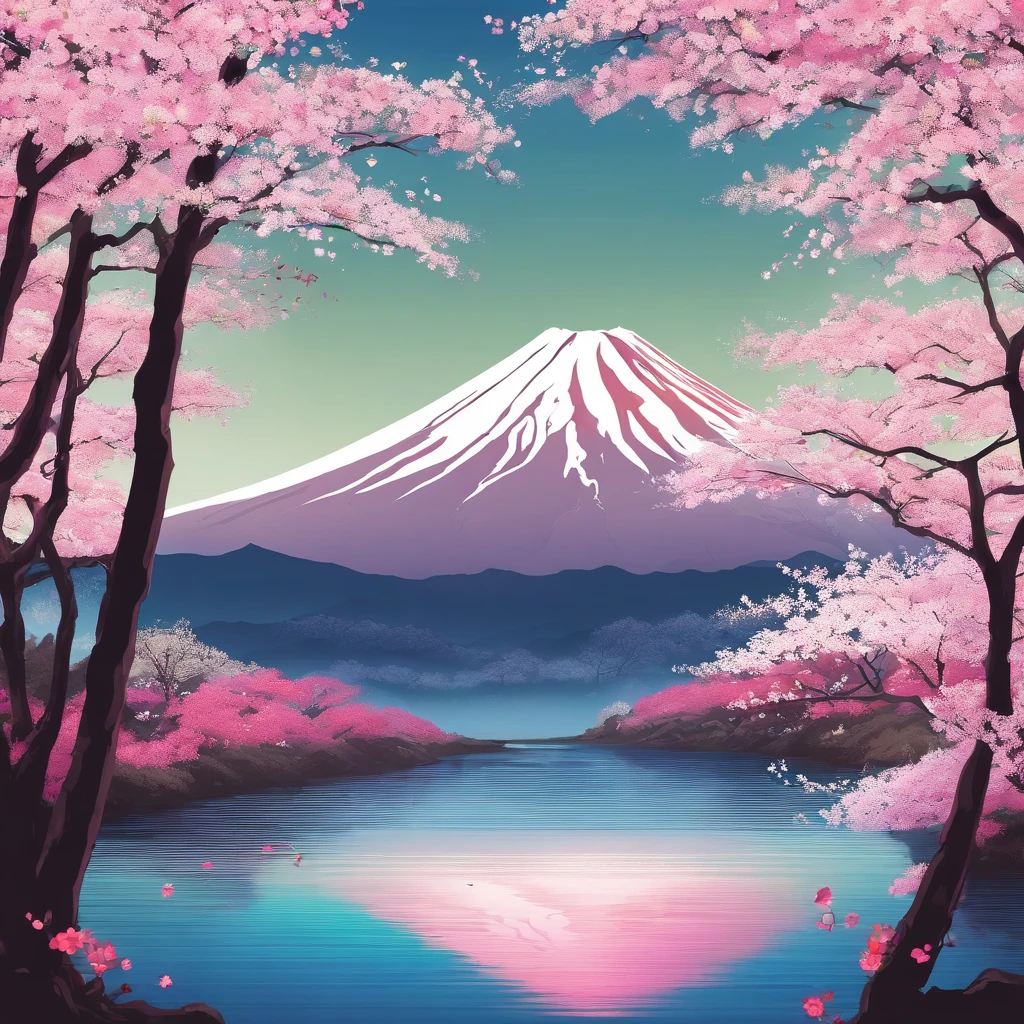 Mount Fuji, the iconic volcano, shrouded in mist and framed by vibrant cherry blossoms in full bloom at its base, a tranquil lake reflecting the majestic scene, conveying a sense of mystery and serenity, Photography, DSLR camera with a wide-angle lens
