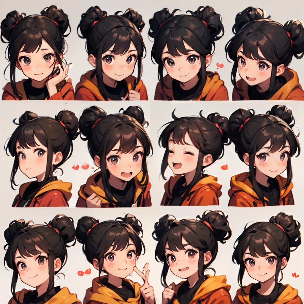 Girls aged 6、Black eyes、Black hair、Semi-long, Emoticon pack，9 emojis，emoji sheet，Align arrangement，Pink clothes、White background、Multiple Poses and Expression（Looking Up、wonderment，having fun，Excitement，great laughter，Touch your head，desirable, wait），anthropomorphic style、various emotions，Multiple Poses and Expression，8K