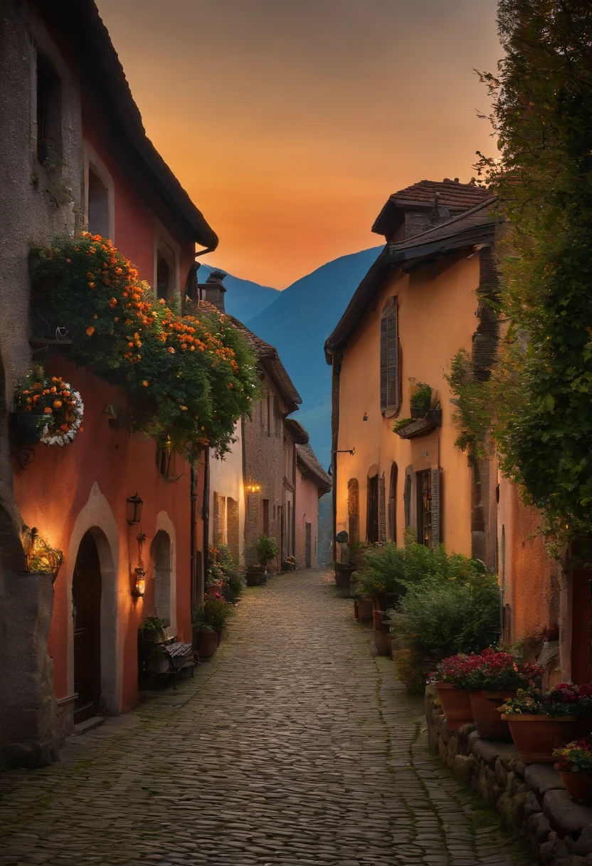 the quaint little town of Tulipe, surrounded by mountains, all different cobblestone houses tightly packed together,in the distance an old graveyard, the town is decorated for halloween