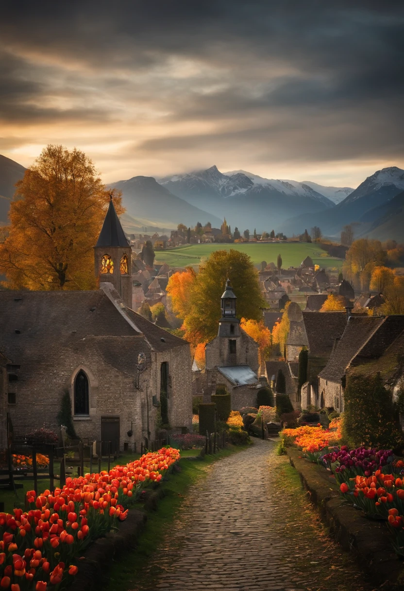 the quaint little town of Tulipe, surrounded by mountains, all different cobblestone houses tightly packed together,in the distance an old graveyard, the town is decorated for halloween