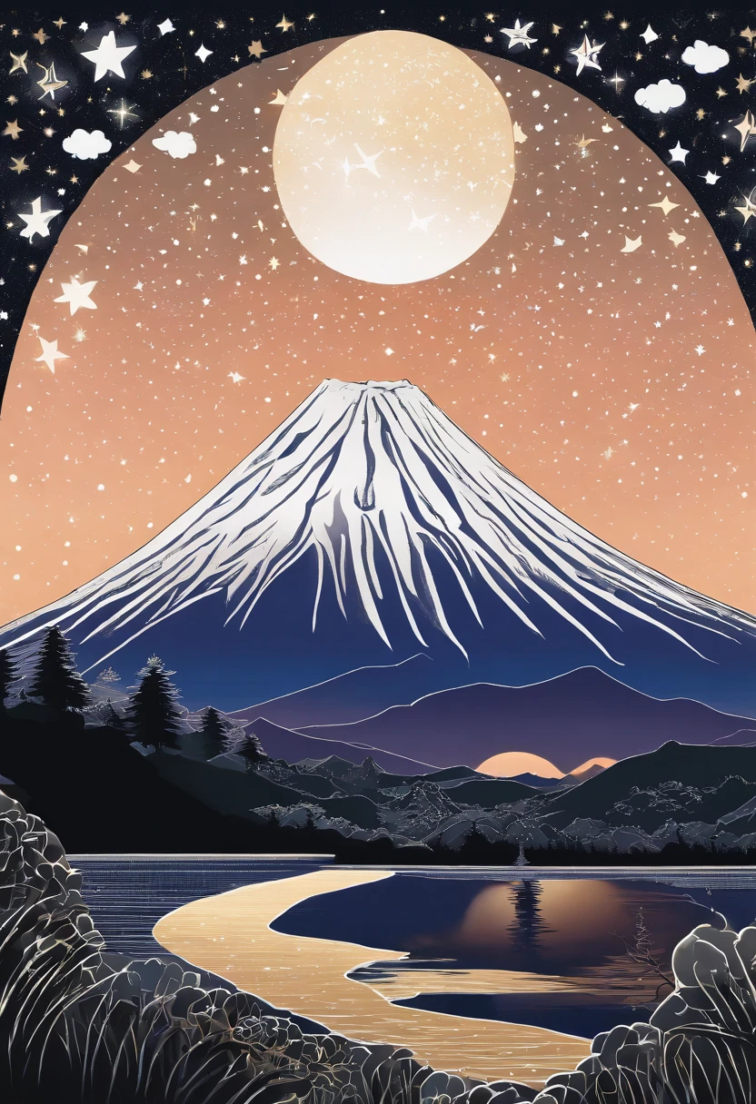 Mount Fuji standing tall against a clear, starry night sky, a blanket of stars twinkling overhead, the mountain illuminated by a crescent moon, evoking a feeling of awe and wonder, Painting, acrylic on canvas with a focus on celestial details