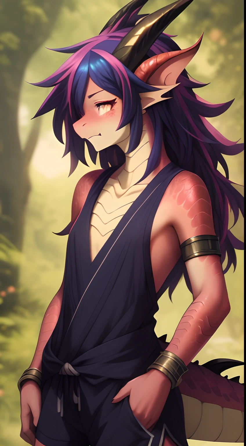 (dragon), woman, antrum, raw photo, 1girl, solo, small breasts, slim body, far, small body, armbands, dress, and shorts, multicolored hair, horns, dragon horns, anime, anime style, high quality, best quality, textured skin, realistic.