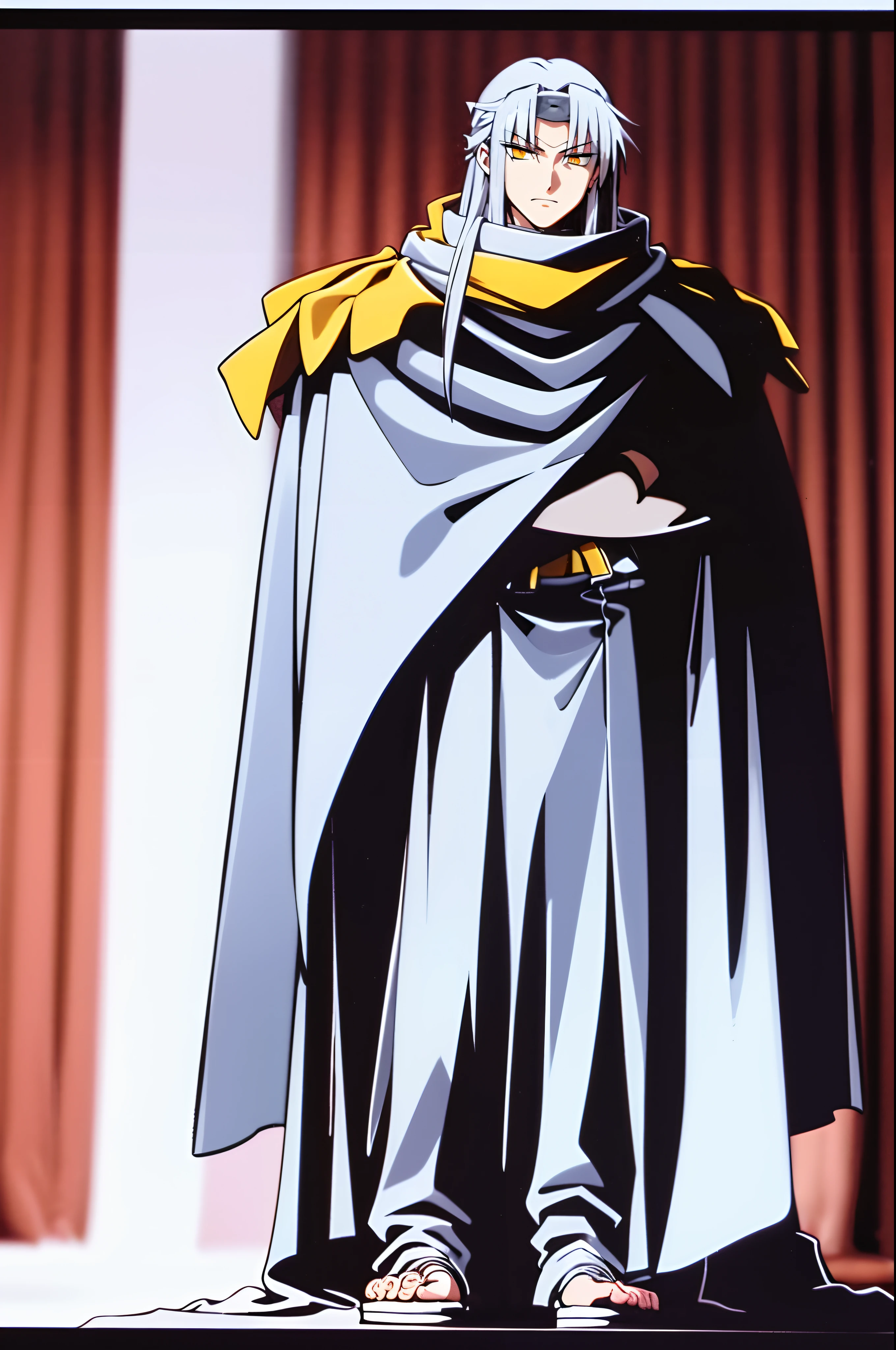 silver hair, long hair, yellow eyes, bandana, militari uniform, cape, tall,scarf, full body, flipflops, 1boy