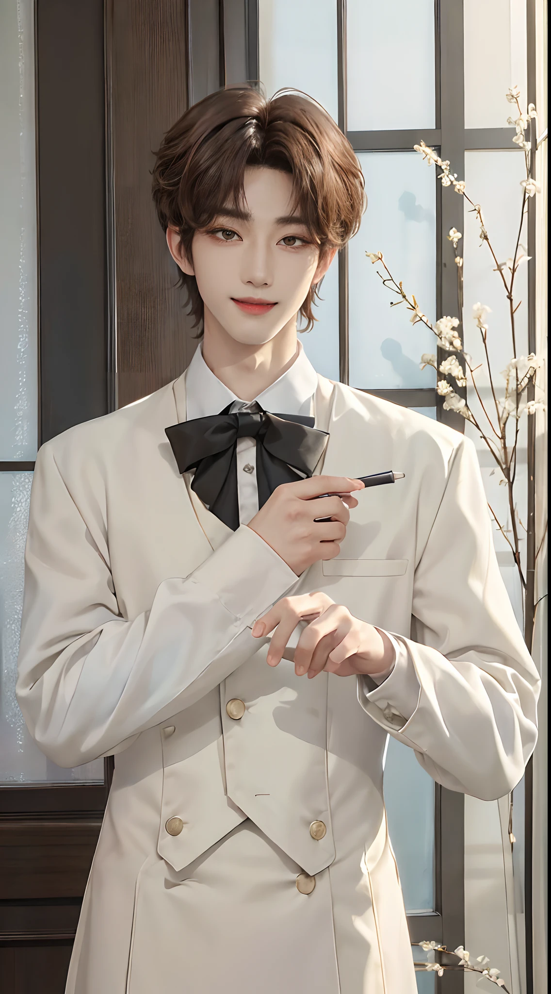 ((4K works))、​masterpiece、（top-quality)、((high-level image quality))、((One Manly Boy))、Slim body、((Man in street fashion))、(Detailed beautiful eyes)、window、deacon、Face similar to Chaewon in Ruseraphim、((short hair above the ears))、((Smaller face))、((Neutral face))、((Light brown eyes))、((Korean boy))、((18year old))、((Handsome man))、((Smiling expression))、((Korean Makeup))、((elongated and sharp eyes))、((Butler Photos))、Professional Photos、((Shot alone))、((Upper body photography))、((Butler Pose))