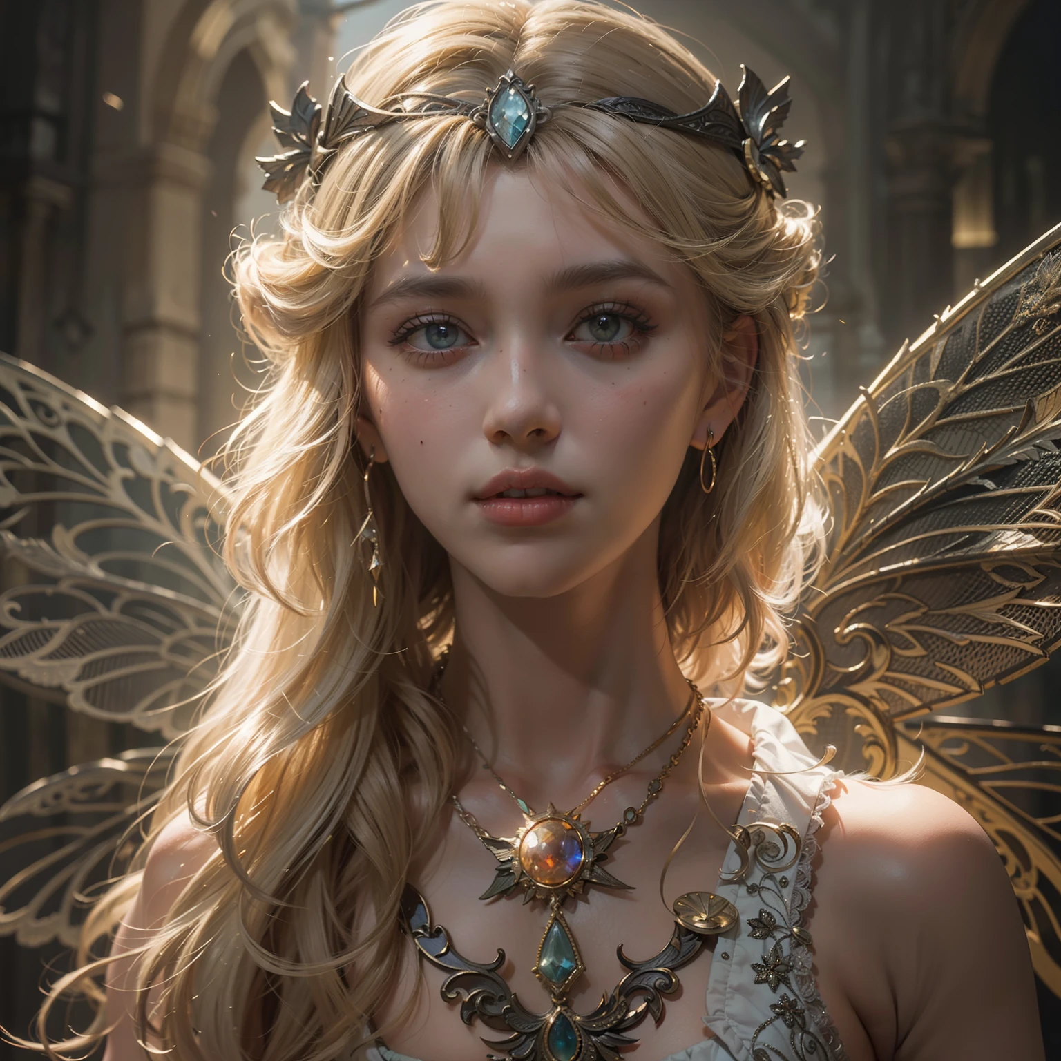 Smiled face Taylor Swift as (Numerous award-winning masterpieces, with incredible detail, textures and maximum detail), (full-body standing image:1.8), (upper body up:0.3), (hyper realistic:1.4), (realistic:1.3), (best quality real texture skin), (Beautiful fairy high rank wizard: 1.7),((((holds a long wizard's staff that is elaborately decorated and emits a mysterious light: 1.7)))), (finely detailed true circle Symmetrical eyes), (finely drawn beautiful face), ((medieval world)), (Wearing a wizard's black hat: 1.6), (A jet-black cloak with delicate decorations: 1.6), (A cloak with delicate decorations, although it is damaged and faded: 1.5), (full-body standing image:1.8), (Beautiful clear eyes), (slight smile), (beautiful colored eyes full of joy), (Advanced fairy wizard who releases magic from his fingertips: 1.3), (Shining majestic cloud masses and sky:1.4), (Magic circle that emits light strongly: 1.3), Dramatic Light, majestic sight, (Four large, transparent wings with wing veins similar to dragonfly wings behind the shoulders: 1.9), (((folded wings))), Glass earrings on the ears, (((dramatic photo))), (full-body standing image:1.8),  (golden hair), (silver hair), (chestnut hair), Short cut hair, ((looks up)), ((looking down)), (Around her neck is a simple necklace of exquisite workmanship), Old ruins infested with plants, great temple, great cathedral, temple ruins, detached temple, (Luminous magic circle), Ruins of an ancient castle, Deserted ruins, crumbling ruins, Ancient ruins with clear water, highly detailed, ultra-realistic, intricate details, painting (artwork), ((masterpiece,best quality)), ((cinematic light)), hyper realistic, fearsome, dark fantasy, Sacred Light, epic realistic, faded, ((neutral colors)), art, (hdr:1.5), (muted colors:1.2), hyper detailed, (art station:1.5), cinematic, warm lights, light effect, dramatic light, (intricate details:1.1), complex background, (Greg Rutkowski:0.8), (teal and orange:0.4), Wood big castle in background