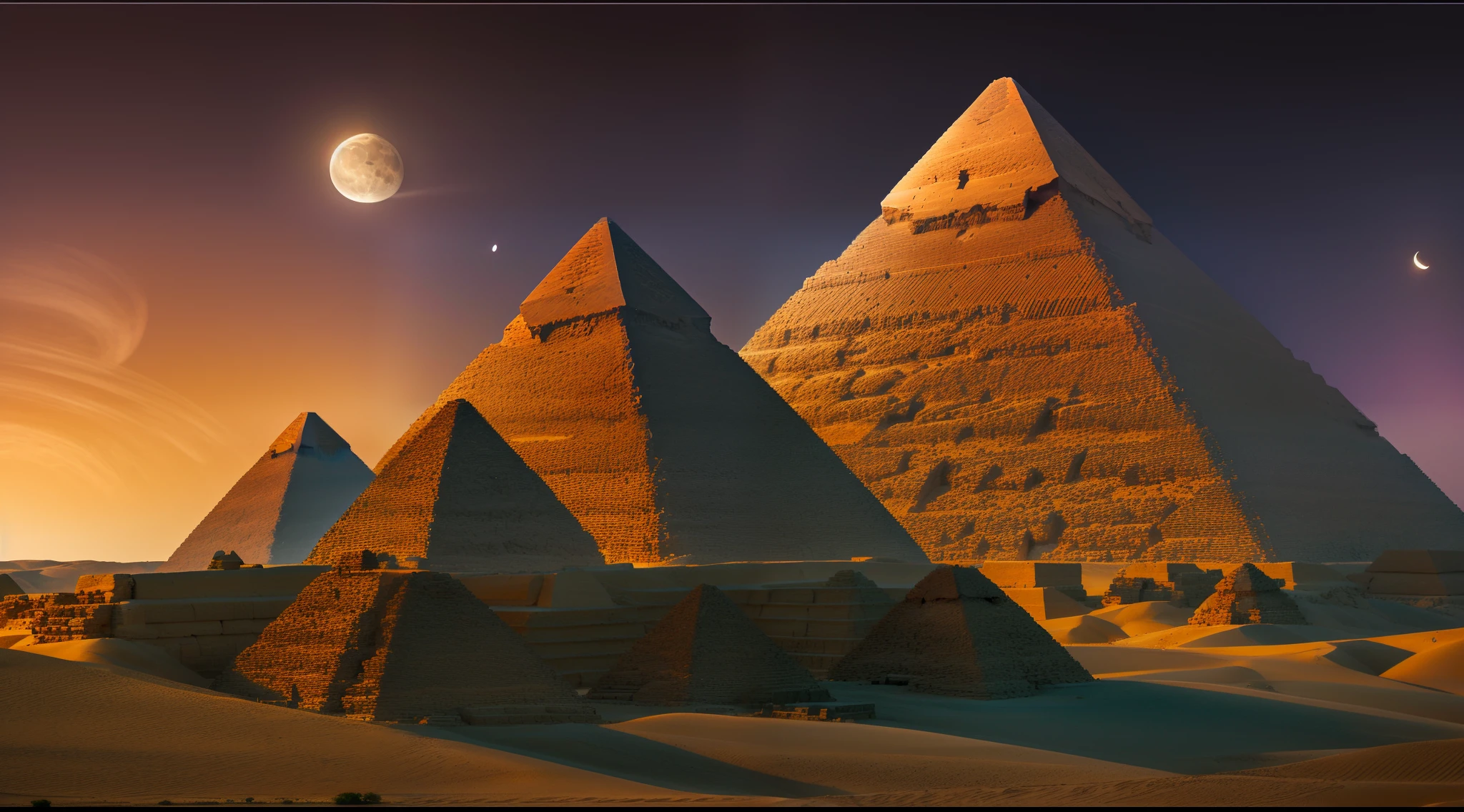 In the quiet stillness of the Egyptian night, the Pyramids of Giza stand bathed in the soft, silvery glow of the moon. The desert expanse around them is tranquil, with a hint of mystery in the shadows. The atmosphere is serene and contemplative, as the pyramids appear to hold ancient secrets under the moon's watchful eye. Sculpture, capturing the intricate details of the pyramids in moonlight