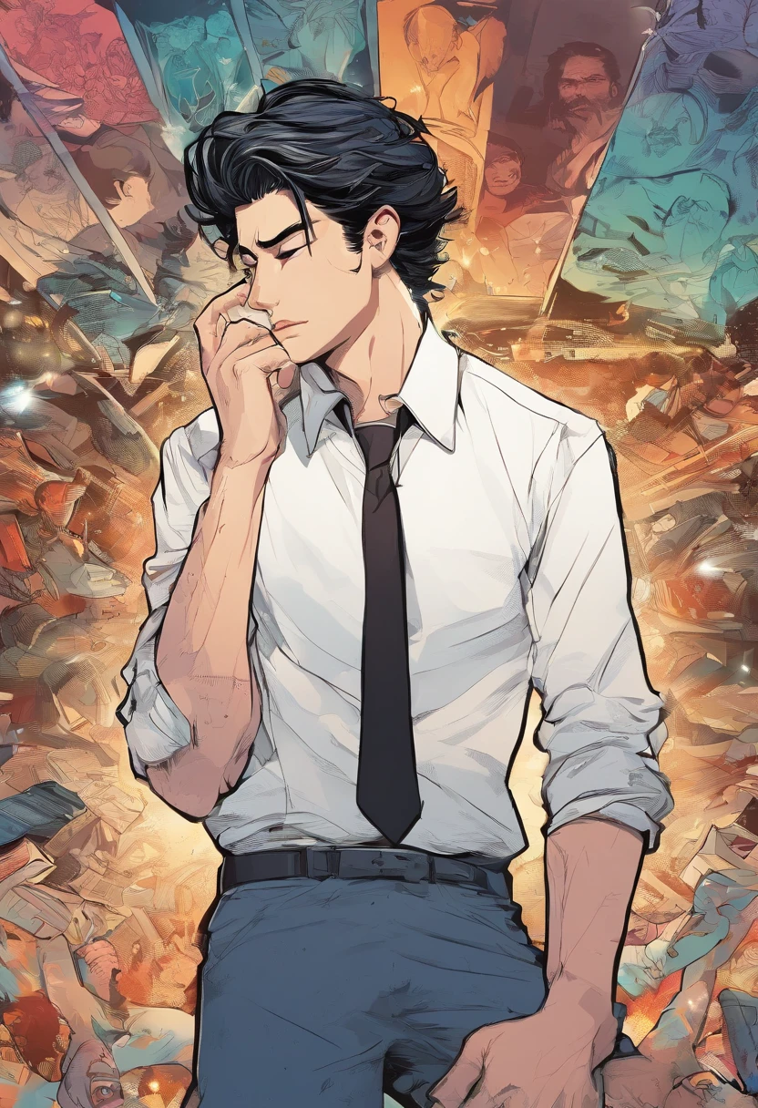 a beat up guy trying to get up from the floor, He has one hand on his face, exhausted, tired, his hands are on his hair, elegant white shirt, simple style, Comic art style, cold lighting, anime, short hair, Comic, top-quality、Top image quality、masterpiece, visual art, liminal space illustration