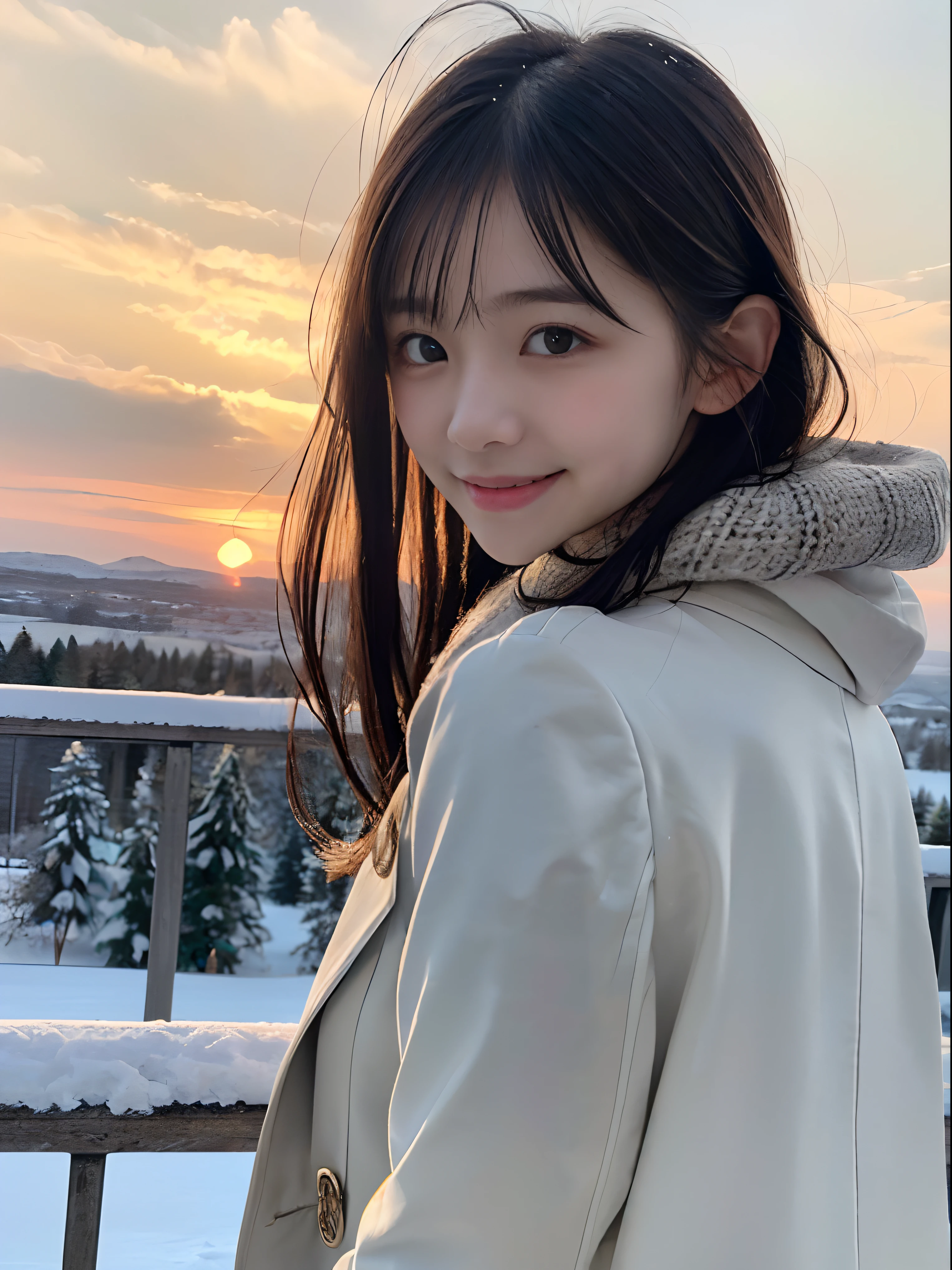 (Close up portrait of slender girl with long hair with dull bangs in winter uniform with white winter coat and gray scarf :1.5)、(The girl looks back with a sad smile face:1.5)、(Girl's hair fluttering in the wind:1.5)、(Big sunset red sky covered with beautiful snow:1.5)、(Perfect Anatomy:1.3)、(No mask:1.3)、(complete fingers:1.3)、Photorealistic、Photography、masutepiece、top-quality、High resolution, delicate and pretty、face perfect、Beautiful detailed eyes、Fair skin、Real Human Skin、pores、((thin legs))、(Dark hair)