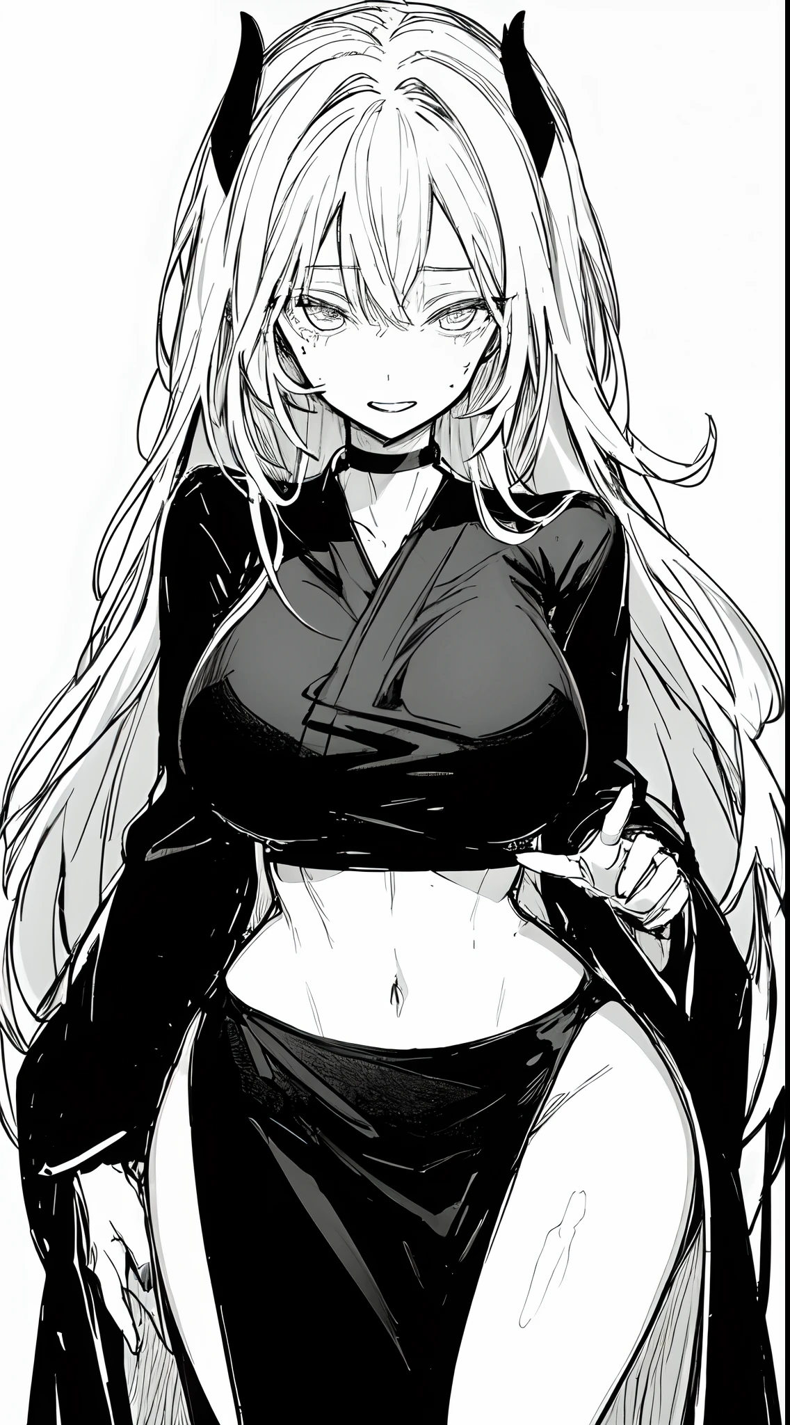 Stunning girl, erotic expression, white hair, big breasts, wide hips, slim body, black business robe, (Black and white, sketch), black background, hentai, simple poster, ((negative space)),