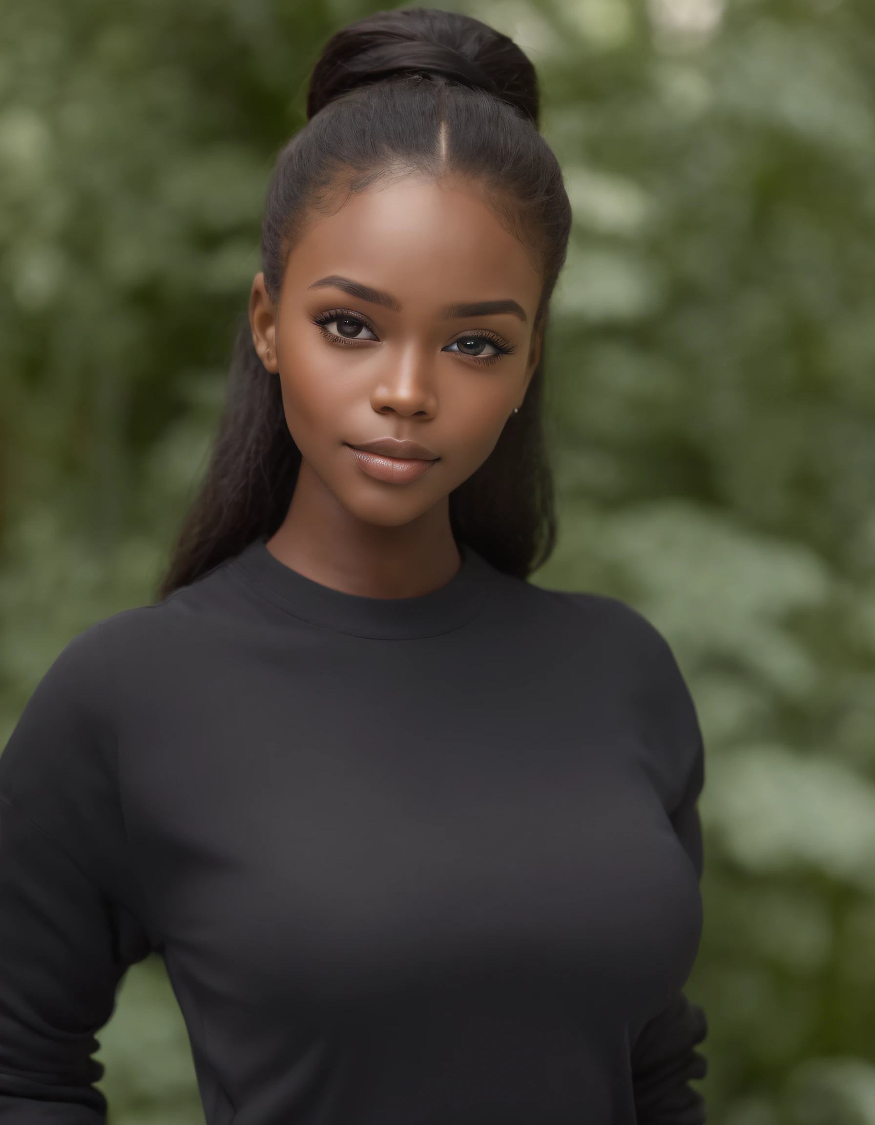 Ultra realistic photo, full body of black girl, best quality, Masterpiece, black woman inspired by Barbie, black skin, beautiful face, Wearing jeans and black sweatshirt, realistic smooth skin, ultra realistic skin, dynamic pose. Good composition, Stunning, very detailed skin, Perfect beautiful young face