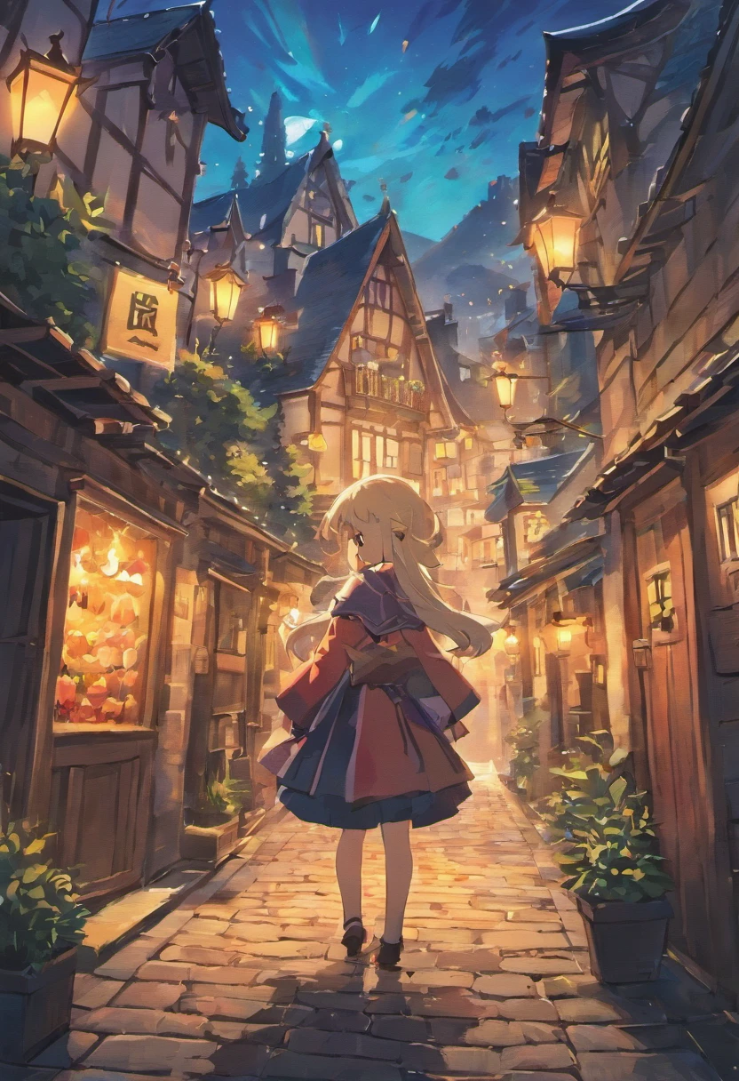 the quaint little town of Tulipe, surrounded by mountains, all different cobblestone houses tightly packed together,in the distance an old graveyard, the town is decorated for halloween