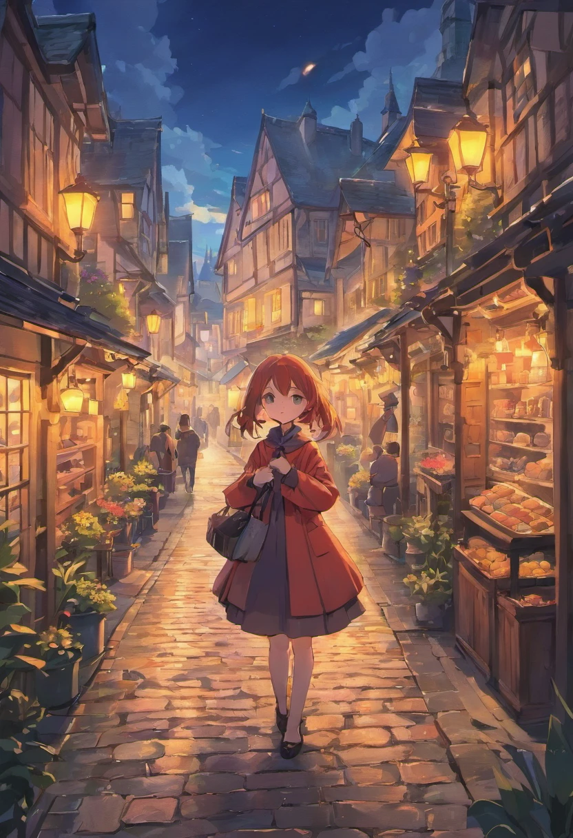 the quaint little town of Tulipe, surrounded by mountains, all different cobblestone houses tightly packed together,in the distance an old graveyard, the town is decorated for halloween