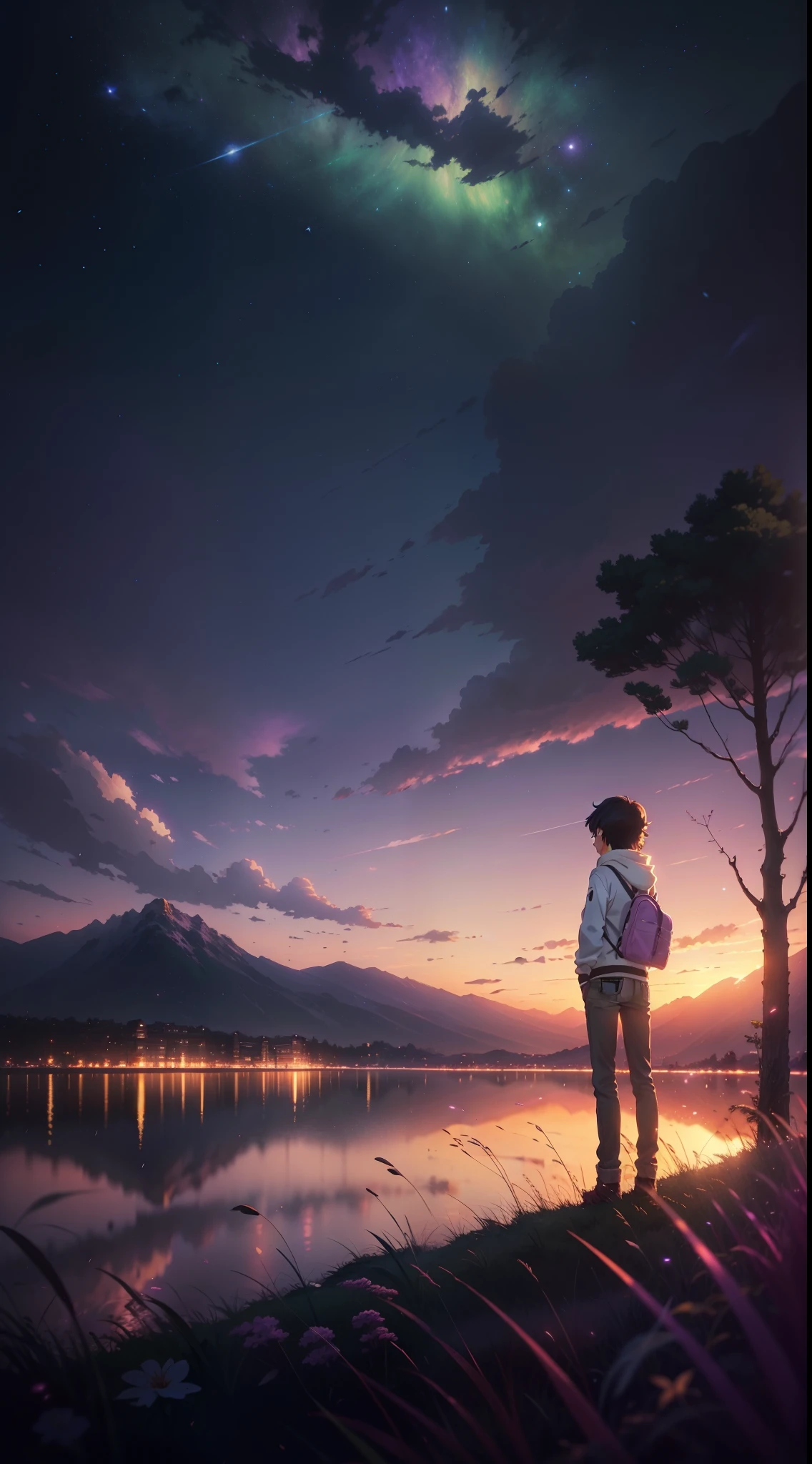 The picture is bright and well lit. no humans. (((Makoto Shinkai style)),pixiv,anime drawing,high quality,pink purple sky,beautiful scene),(universe,train passing,magical realism,((makoto shinkai style)) ::0.8), [Artistic Atmosphere, Atmosphere:0.8, Starry Sky, Hills, Snow Mountain, Sparkling Water, Grass, Trees, Smoke, Stars, Low Angle of View, Specular Scattering,