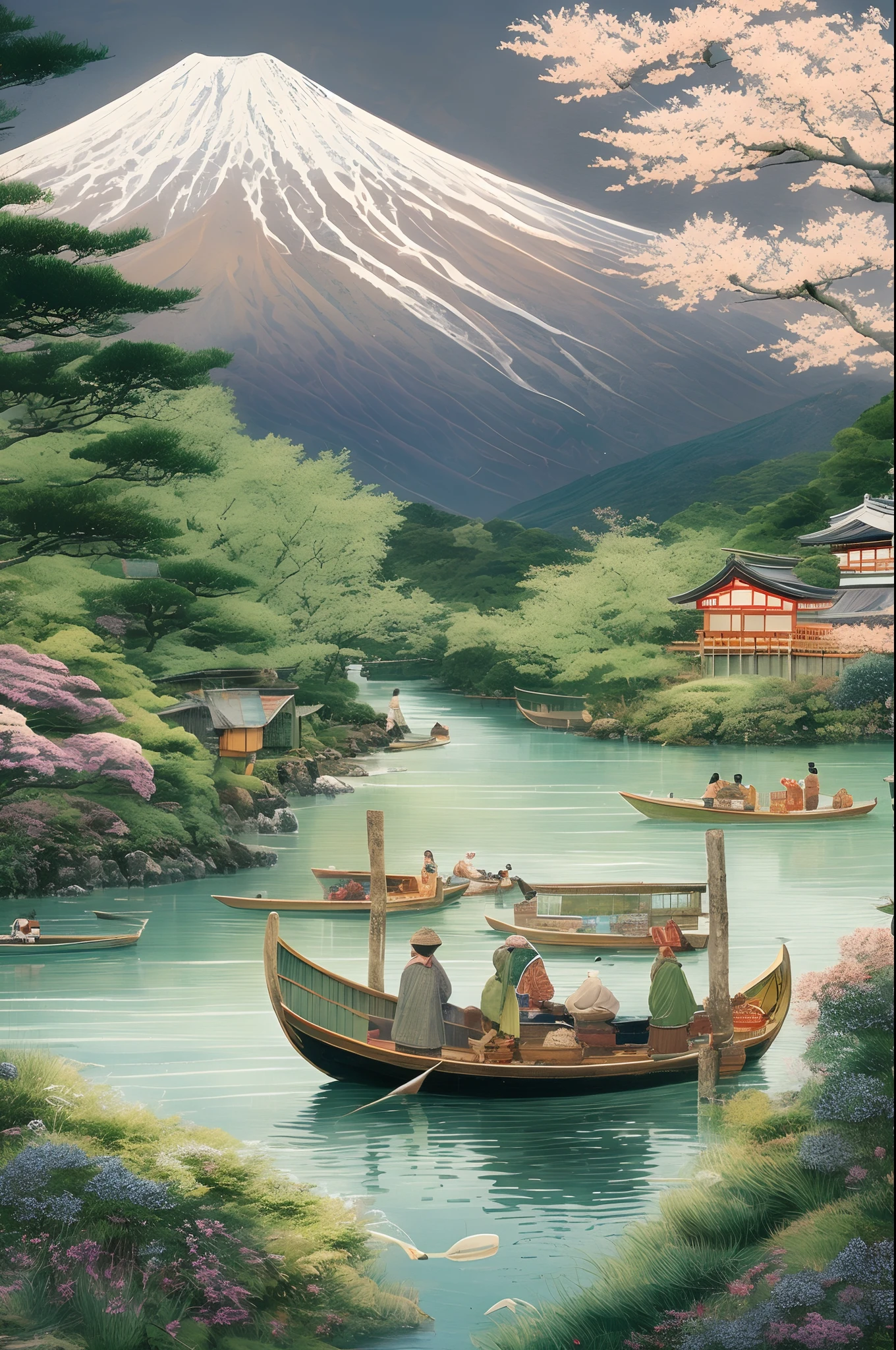 Mount Fuji, a symbol of Japan's natural beauty, surrounded by lush greenery and a pristine river, local fishermen in traditional boats plying their trade, a scene of harmony and tradition, Illustration, digital art with attention to cultural details