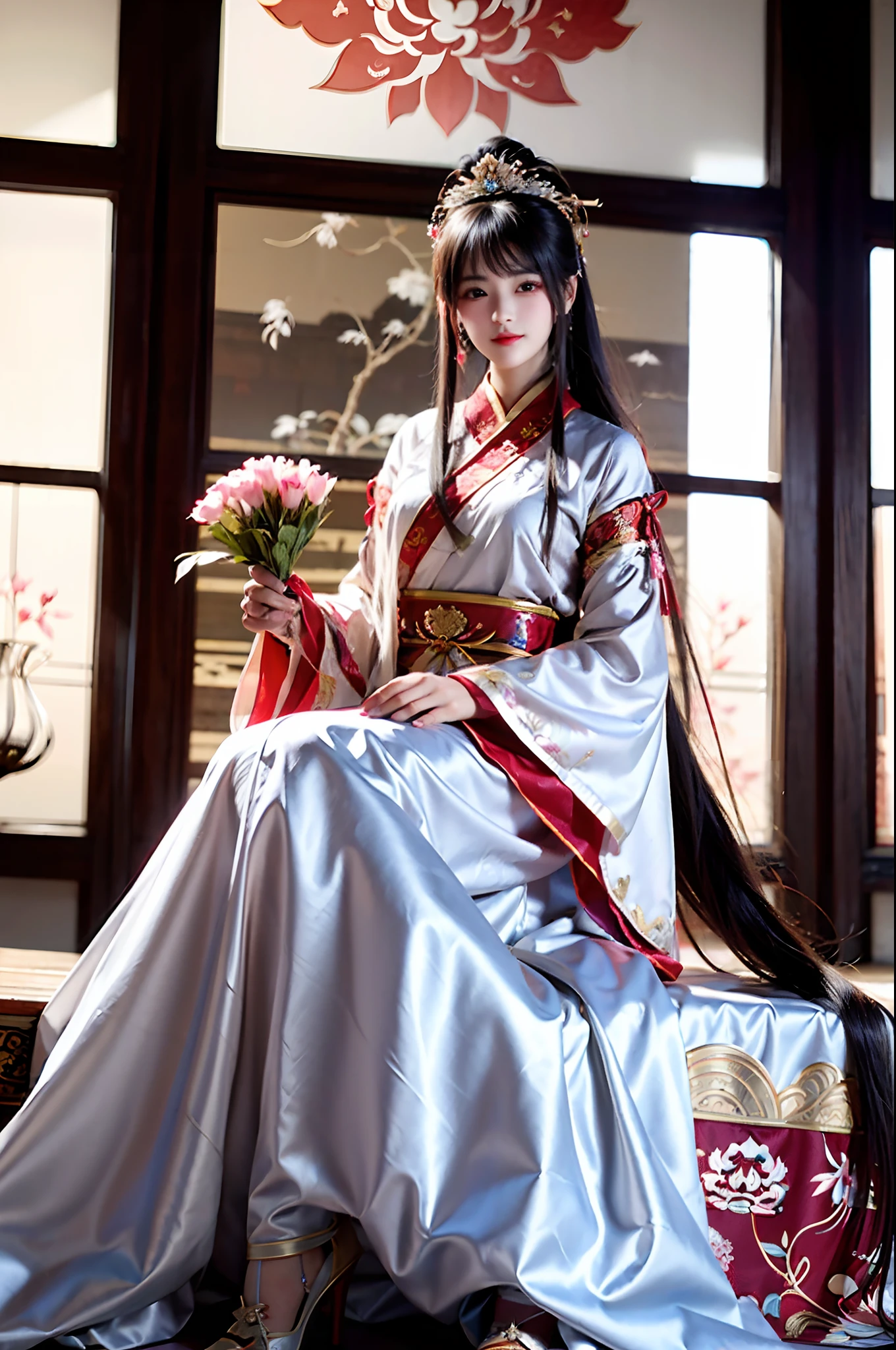 araffe woman in a traditional chinese dress holding a bouquet of flowers, palace , a girl in hanfu, ancient chinese princess, chinese princess, a beautiful fantasy empress, beautiful render of tang dynasty, chinese style, ancient asian dynasty princess, ancient chinese beauties, ((a beautiful fantasy empress)), chinese girl, chinese empress, traditional beauty, beautiful goddess