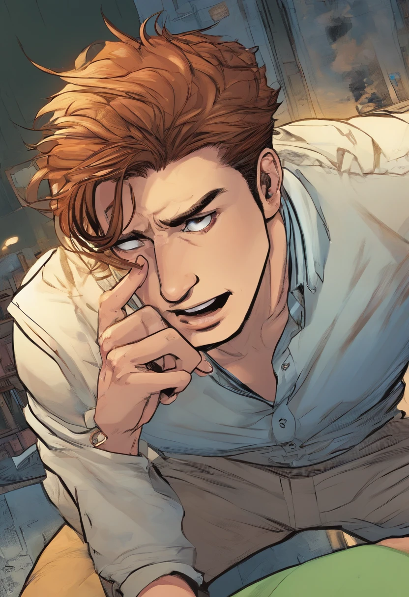 a beat up guy trying to get up from the floor, He has one hand on his face, exhausted, tired, his hands are on his hair, elegant white shirt, simple style, Comic art style, cold lighting, anime, short brown hair, Comic, top-quality、Top image quality、masterpiece, visual art, liminal space illustration