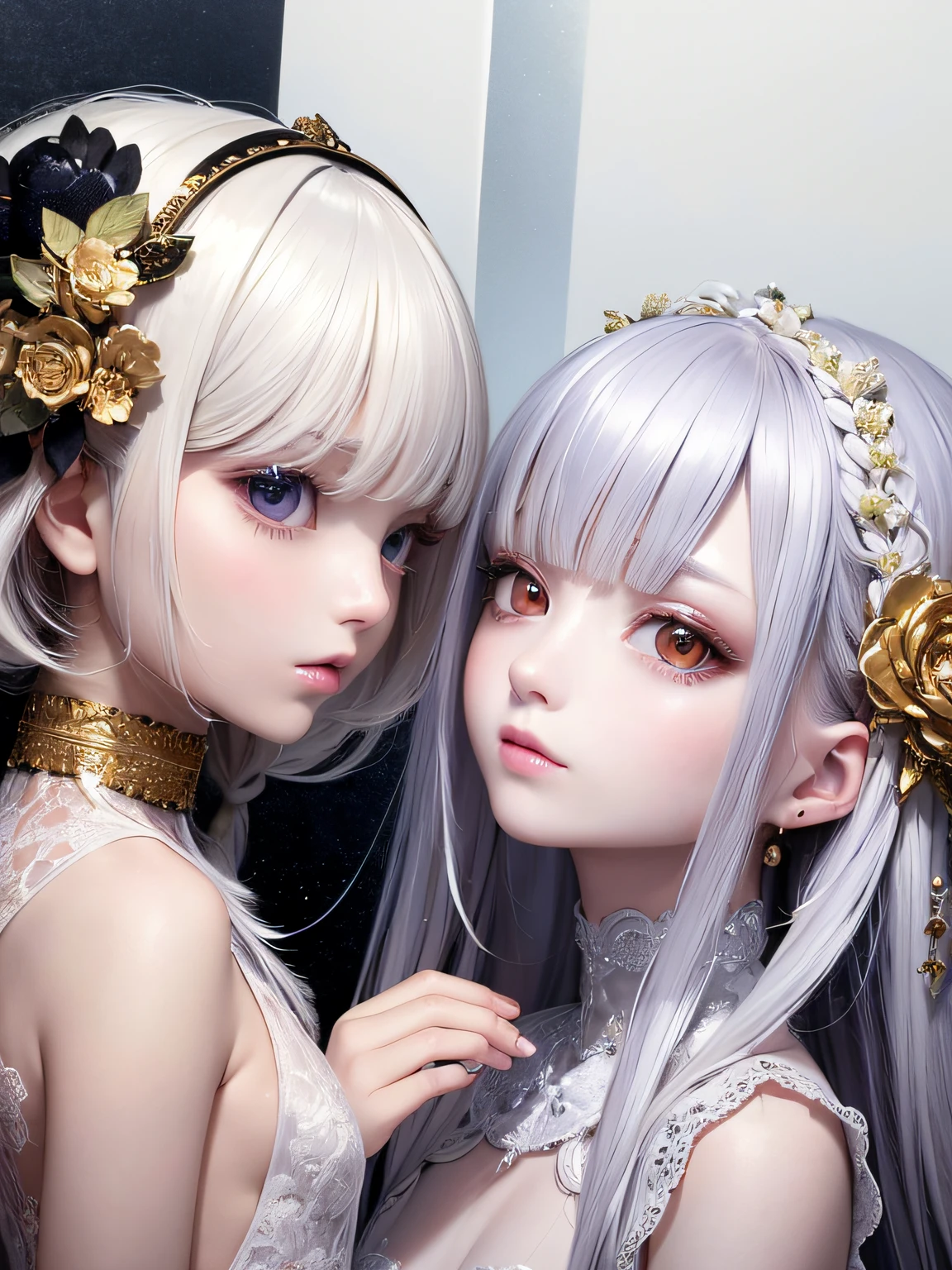 top-quality、​masterpiece、white  hair、Gold Eye、white  clothes、look up to、Hair strands、light skinned、Side braid、 2 girls, up of face,Beautiful