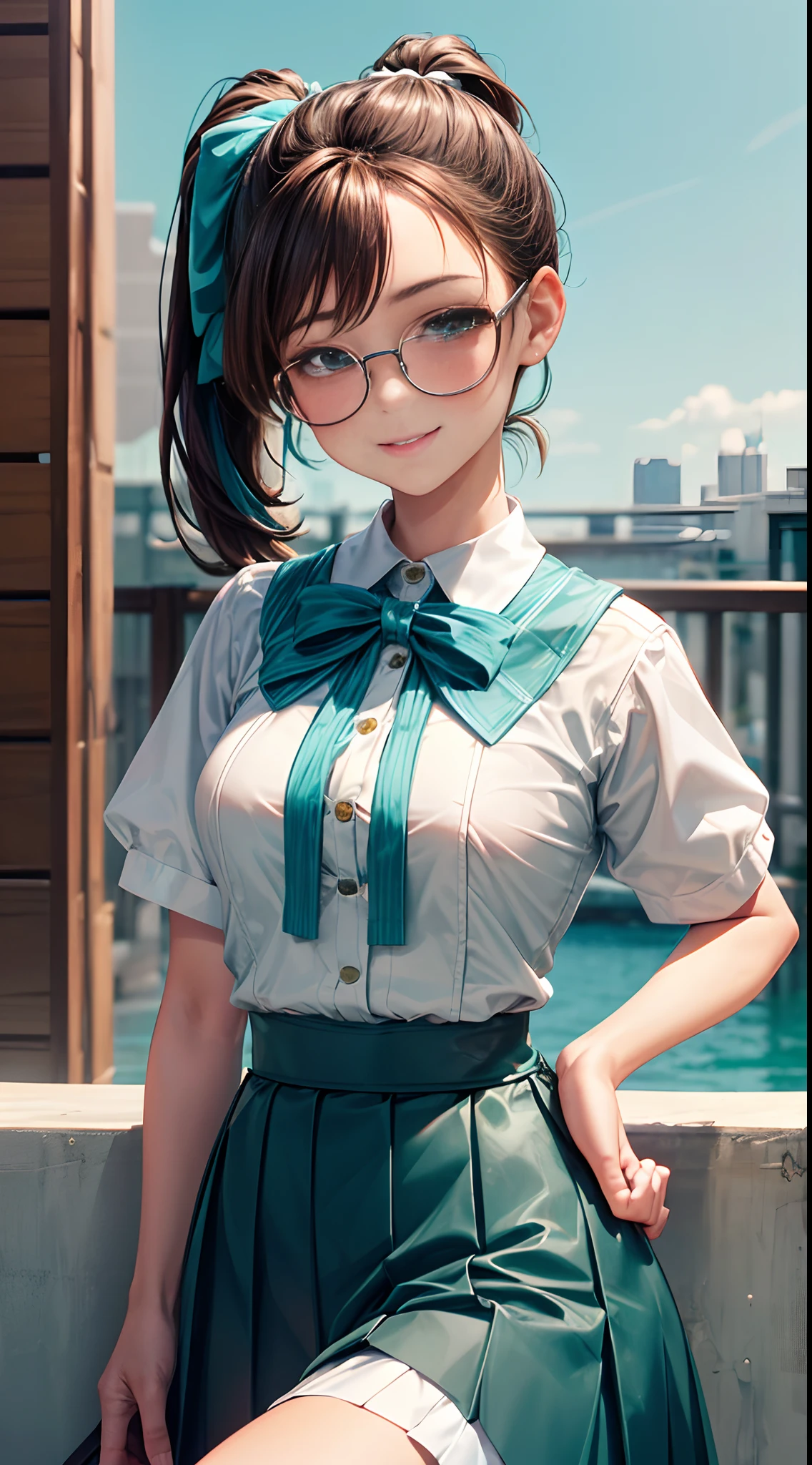 1womanl,12year old,Brown hair,Beautiful ponytail hairstyle, (Teal High Waist Skirt:1.3),, (whiteshirt:1.3), (double-breasted,Underbust:1.2), Short sleeves, buttonGap,A smile,small tits,Frameless glasses,