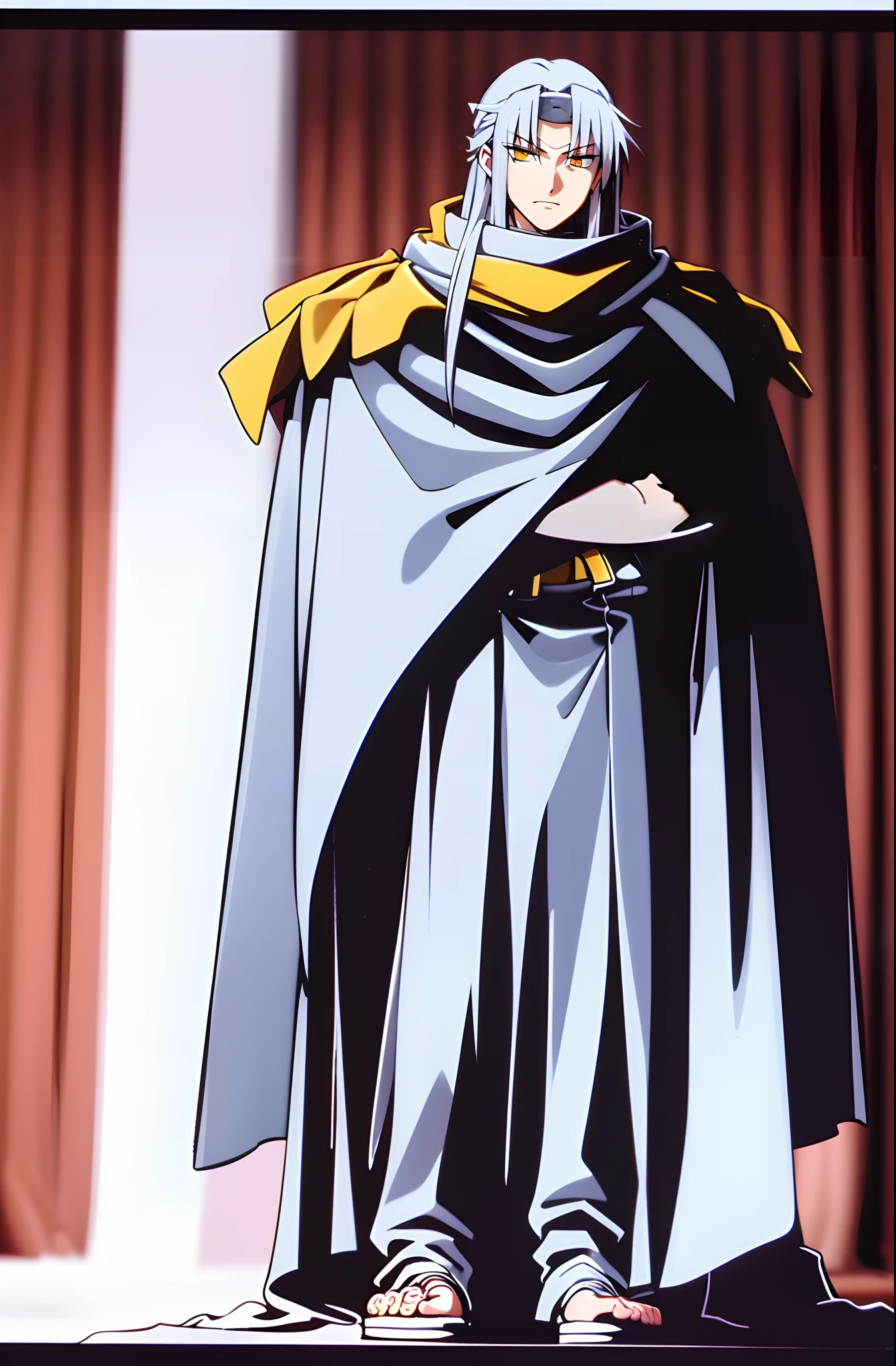 silver hair, long hair,  yellow eyes, bandana, militari uniform, cape, tall,scarf, full body, flipflops, 1boy