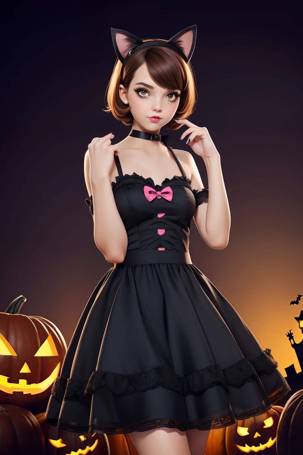 Girl in cat Halloween costume, with cat headband, gradient caramel short hair Emo Pin up Girl, halloween dress, Striking a pose, natural make up, skinny girl, innocent, night in a grave