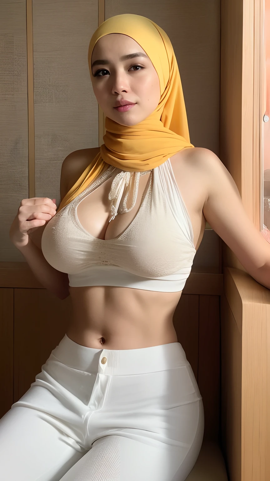 photo of malay woman in hijab, wearing tank top, sitting at a bar, nightclub, (((big breasts, cleavage))),(((sexy midriff))), ((hourglass figure)), ((hijab)), lipstick, photorealistic, masterpiece, realistic, realism, photorealism, high contrast, photorealistic, 8k HD high definition detailed realistic, detailed, skin texture, hyper detailed, realistic skin texture, best quality, (photorealistic:1.4), high resolution, detailed, raw photo, photo realistic, (high detailed skin:1.2), 8k uhd, dslr, soft lighting, high quality, film grain, Fujifilm XT3), hyper realistic lifelike texture dramatic lighting unreal engine, even, neutral light, key light, bold, bright colours, natural skin texture