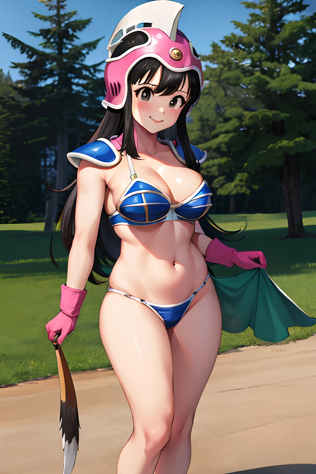 masterpiece, best quality, highres, dragon ball, aachichi, long hair, helmet, pink headwear, black eyes, large breasts, shoulder armor, bikini armor, green cape, pink gloves, navel, groin, embarrassed, standing, blush, smile, outdoors,  FL, foot lick, licking foot, feet, tongue on sole, toes, 1 girl, barefoot