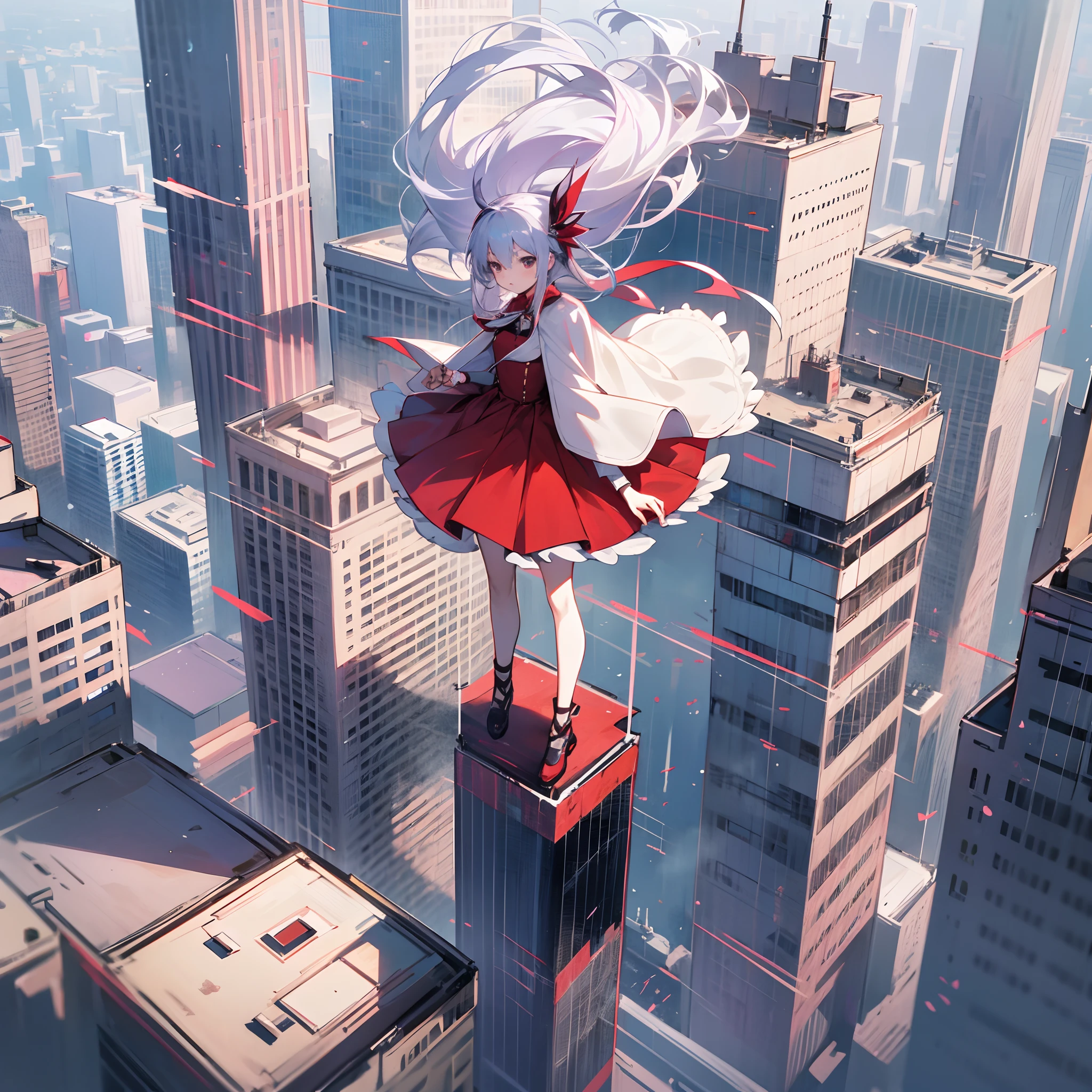 a anime girl, white floating flying hair, red dress, standing on a tall building looking the the city --auto --s2
