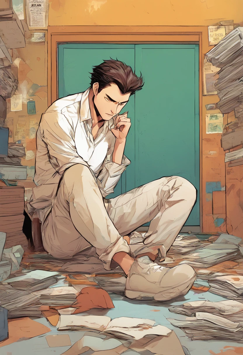 a beat up guy trying to get up from the floor, He has one hand on his face, exhausted, tired, his hands are on his hair, elegant white shirt, simple style, Comic art style, cold lighting, anime, short brown hair, Comic, top-quality、Top image quality、​masterpiece, visual art, liminal space illustration