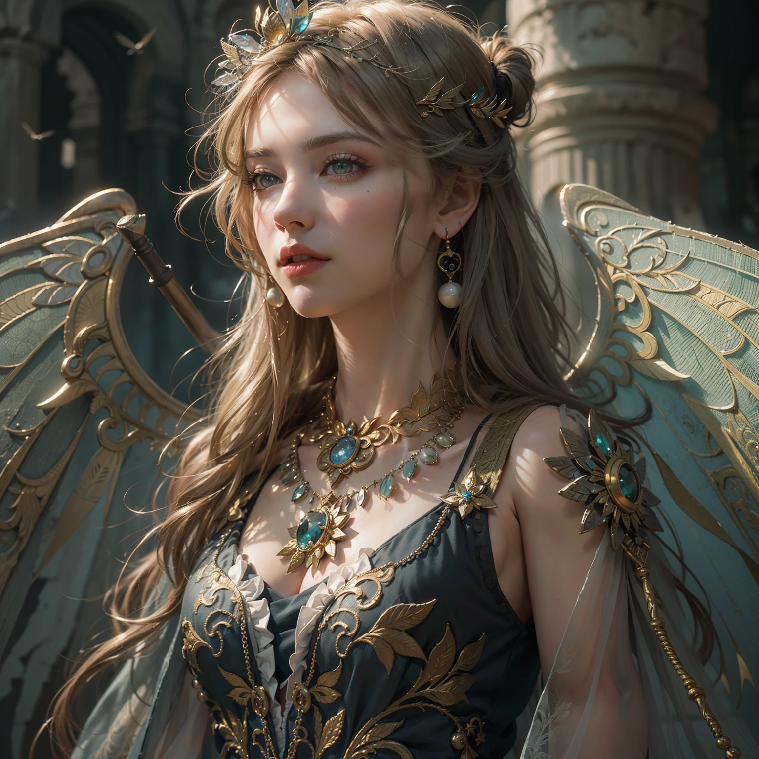 Taylor swift as (Numerous award-winning masterpieces, with incredible detail, textures and maximum detail), (full-body standing image:1.8), (upper body up:0.3), (hyper realistic:1.4), (realistic:1.3), (best quality real texture skin), (Beautiful fairy high rank wizard: 1.7), (((((holds a long wizard's staff that is elaborately decorated and emits a mysterious light: 1.7))))), (finely detailed true circle Symmetrical eyes), (finely drawn beautiful face), ((medieval world)), (Wearing a wizard's black hat: 1.6), (A jet-black cloak with delicate decorations: 1.6), (A cloak with delicate decorations, although it is damaged and faded: 1.5), (full-body standing image:1.8), (Beautiful clear eyes), (slight smile), (beautiful colored eyes full of joy), (Advanced fairy wizard who releases magic from his fingertips: 1.3), (Shining majestic cloud masses and sky:1.4), (Magic circle that emits light strongly: 1.3), Dramatic Light, majestic sight, (Four large, transparent wings with wing veins similar to dragonfly wings behind the shoulders: 1.9), (((folded wings))), Glass earrings on the ears, (((dramatic photo))), (full-body standing image:1.8), (golden hair), (silver hair), (chestnut hair), Short cut hair, ((looks up)), ((looking down)), (Around her neck is a simple necklace of exquisite workmanship), Old ruins infested with plants, great temple, great cathedral, temple ruins, detached temple, (Luminous magic circle), Ruins of an ancient castle, Deserted ruins, crumbling ruins, Ancient ruins with clear water, highly detailed, ultra-realistic, intricate details, painting (artwork), ((masterpiece,best quality)), ((cinematic light)), hyper realistic, fearsome, dark fantasy, Sacred Light, epic realistic, faded, ((neutral colors)), art, (hdr:1.5), (muted colors:1.2), hyper detailed, (art station:1.5), cinematic, warm lights, light effect, dramatic light, (intricate details:1.1), complex background, (Greg Rutkowski:0.8), (teal and orange:0.4), Wood big castle in background