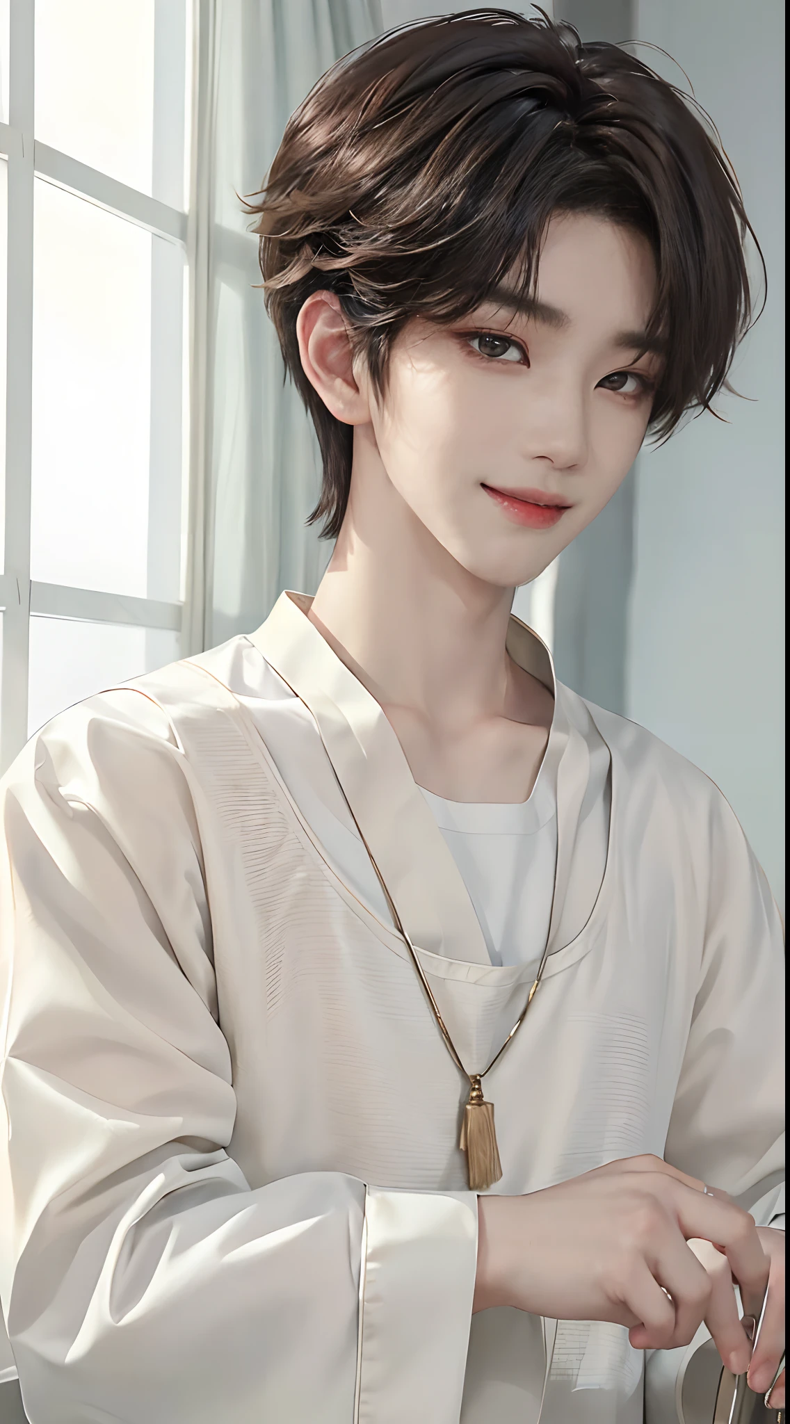 ((4K works))、​masterpiece、（top-quality)、((high-level image quality))、((One Manly Boy))、Slim body、((Street fashion man))、(Detailed beautiful eyes)、window、Face similar to Chaewon in Ruseraphim、((short hair above the ears))、((Smaller face))、((Neutral face))、((Light brown eyes))、((Korean boy))、((18year old))、((Handsome man))、((Smiling expression))、((Korean Makeup))、((elongated and sharp eyes))、((photo of a model))、Professional Photos、((Shot alone))、((Upper body photography))、((Model Pose))